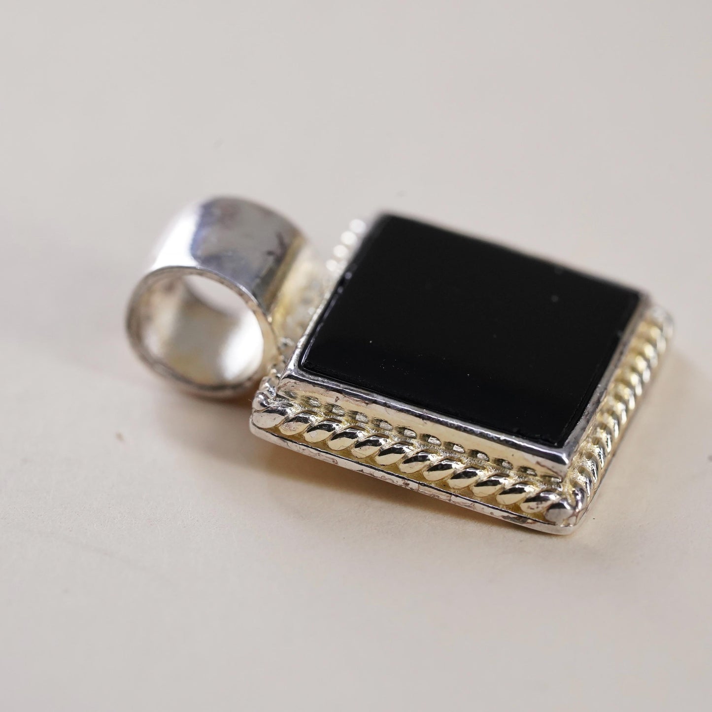 vintage handmade sterling 925 silver square pendant with black onyx