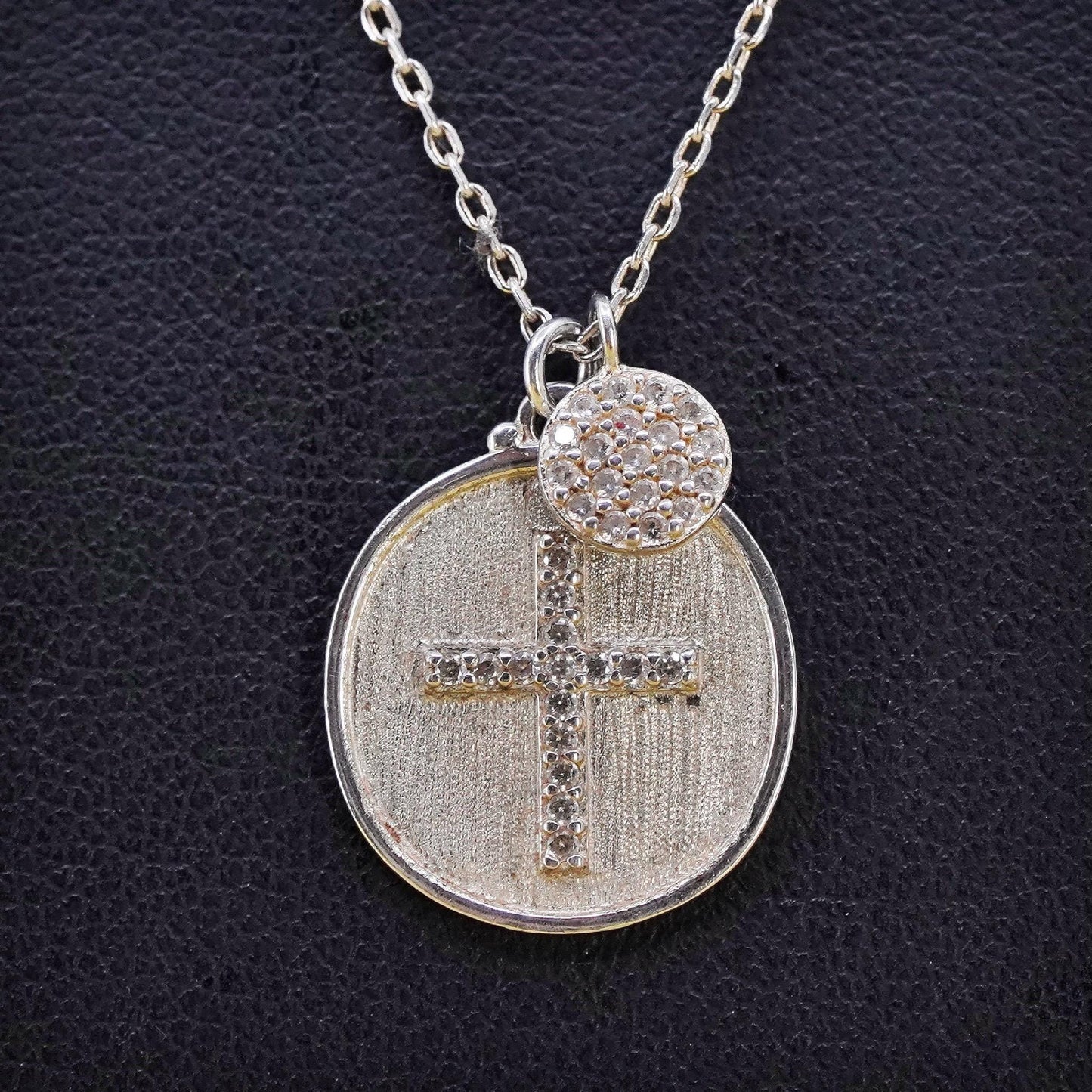 16+2”, Sterling silver necklace, 925 circle chain cluster cz cross pendant