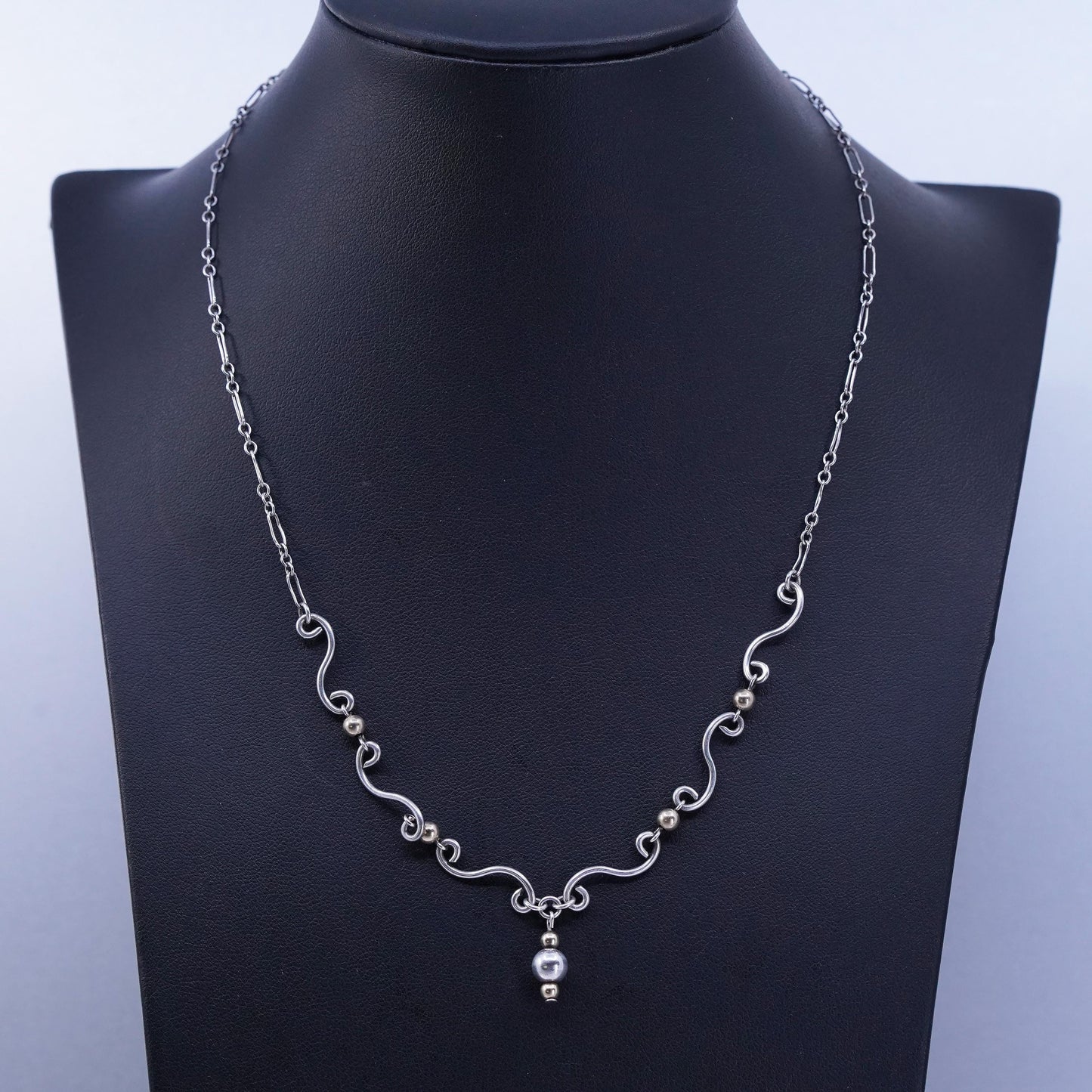 17”, vintage Sterling 925 silver elongated chain necklace with 14K gold beads