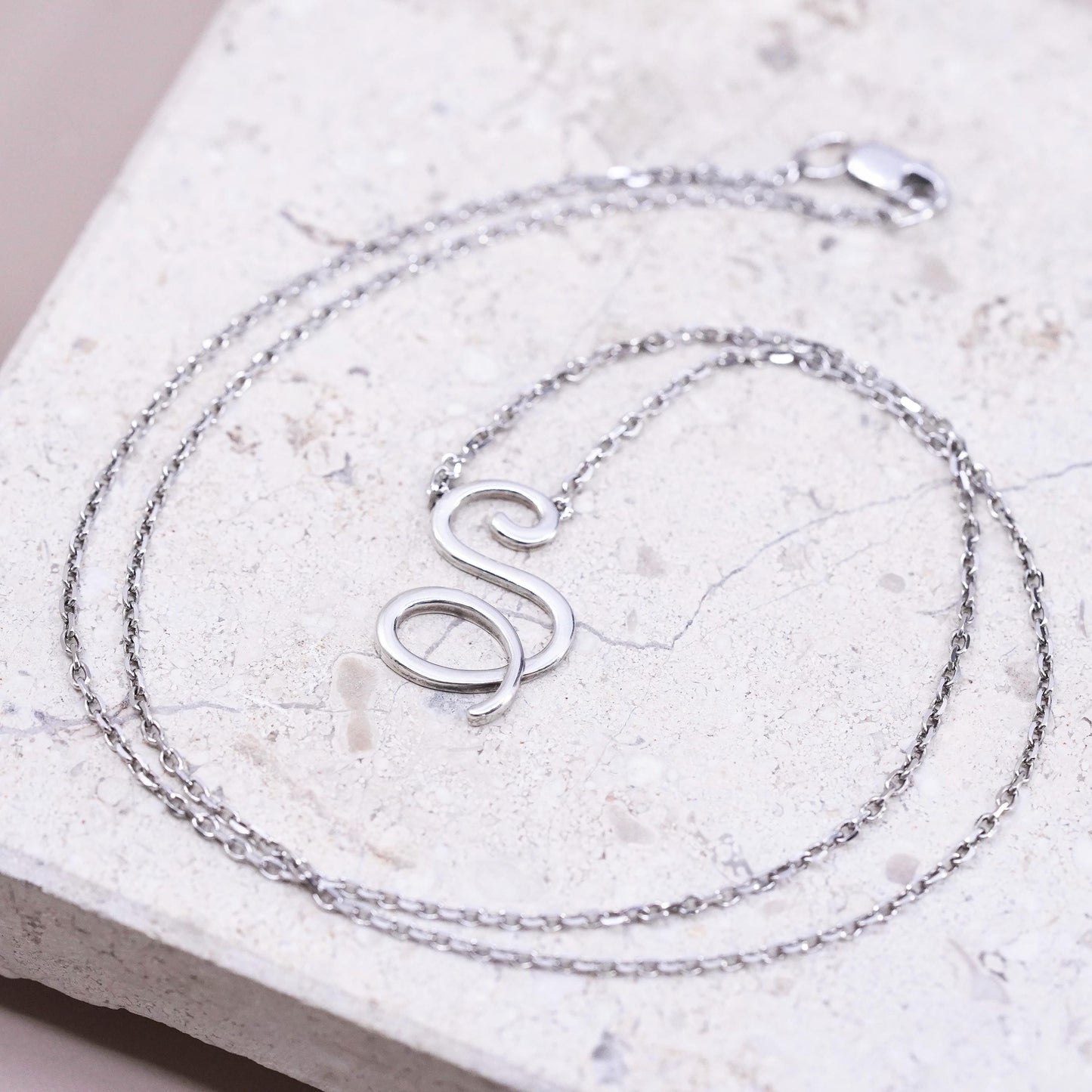 18", vintage Sterling silver necklace, 925 circle chain with letter S pendant