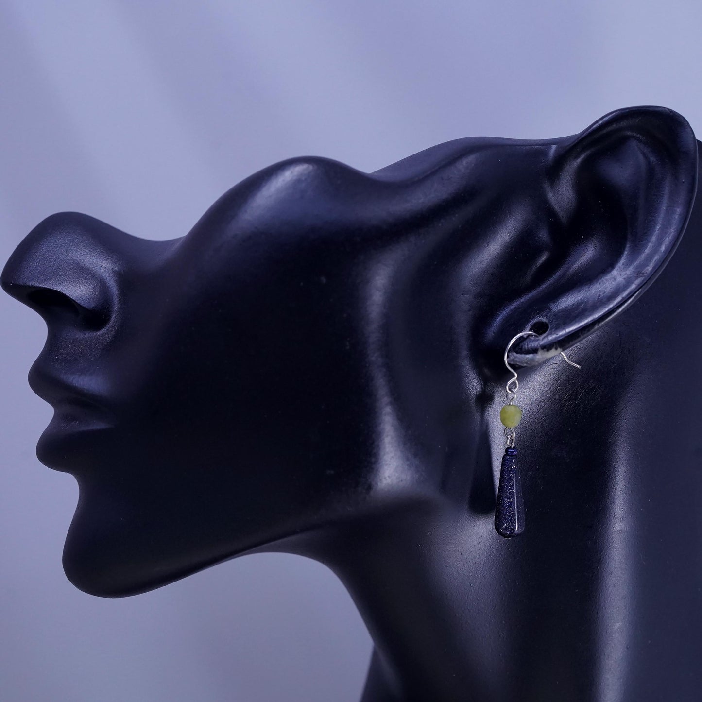 vintage sterling silver 925 teardrop blue goldstone earrings with jade beads