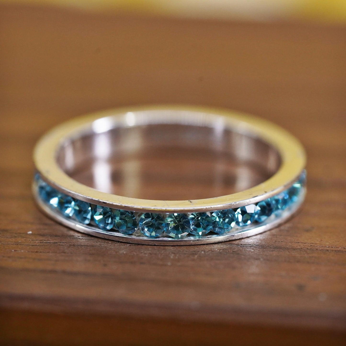 Size 8.25, vintage Sterling silver handmade ring, 925 stackable band blue cz