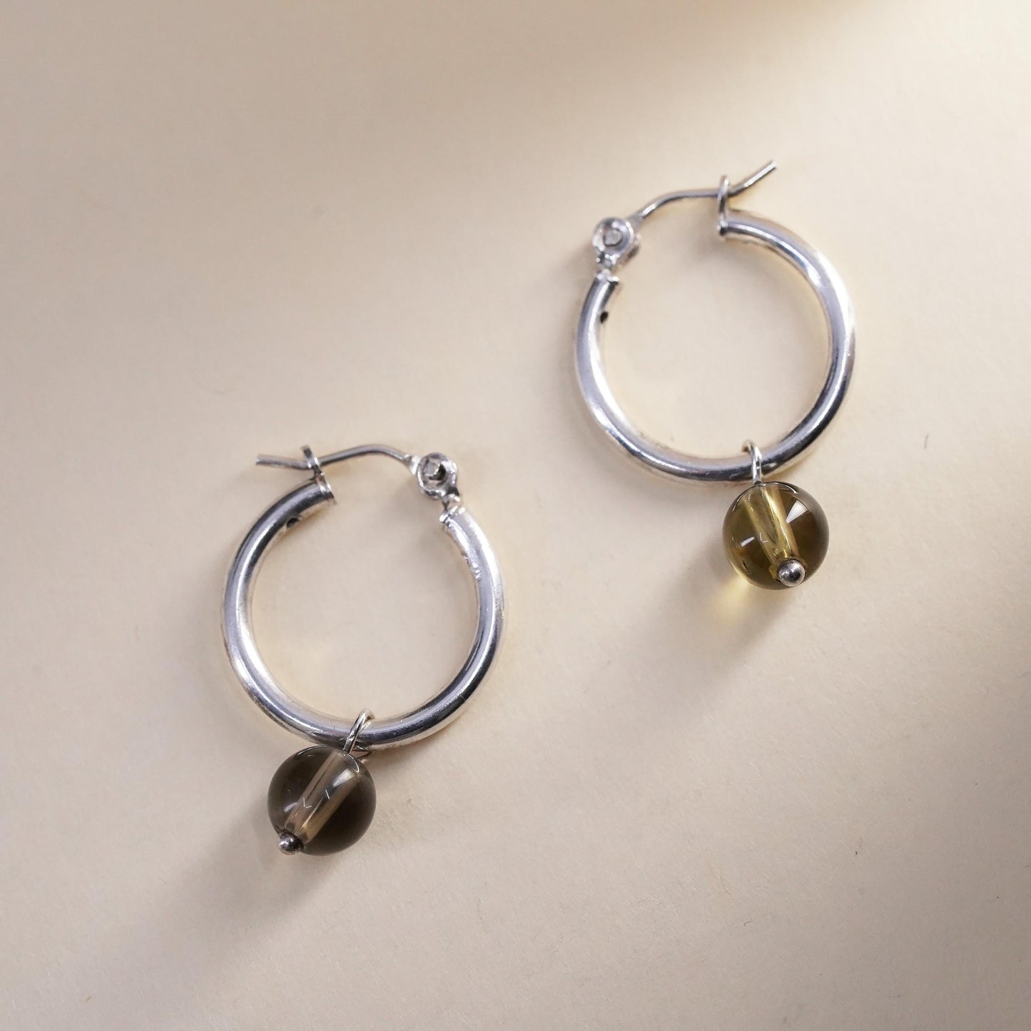 0.5”, VTG sterling 925 silver loop handmade earrings, smoky quartz bead hoops