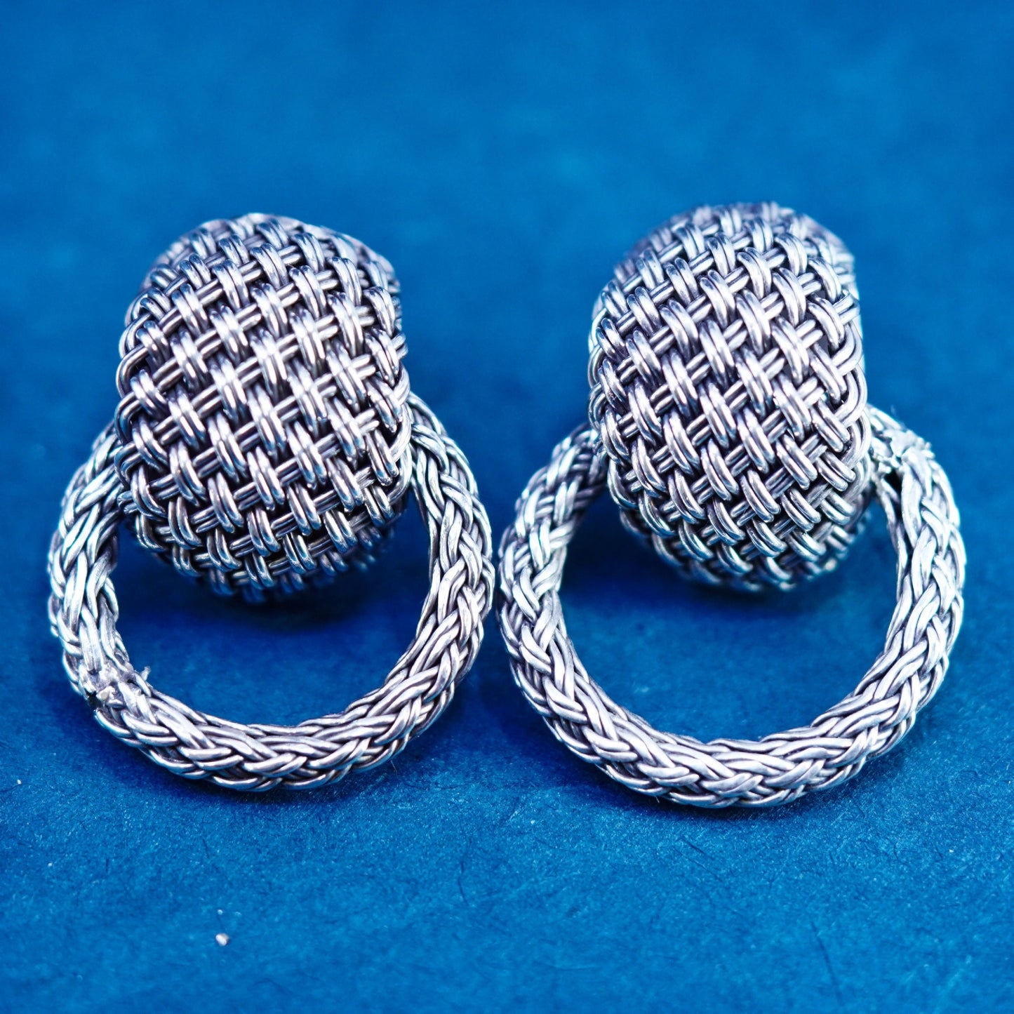 vintage Sterling silver handmade woven braided earrings, 925 studs with hoops