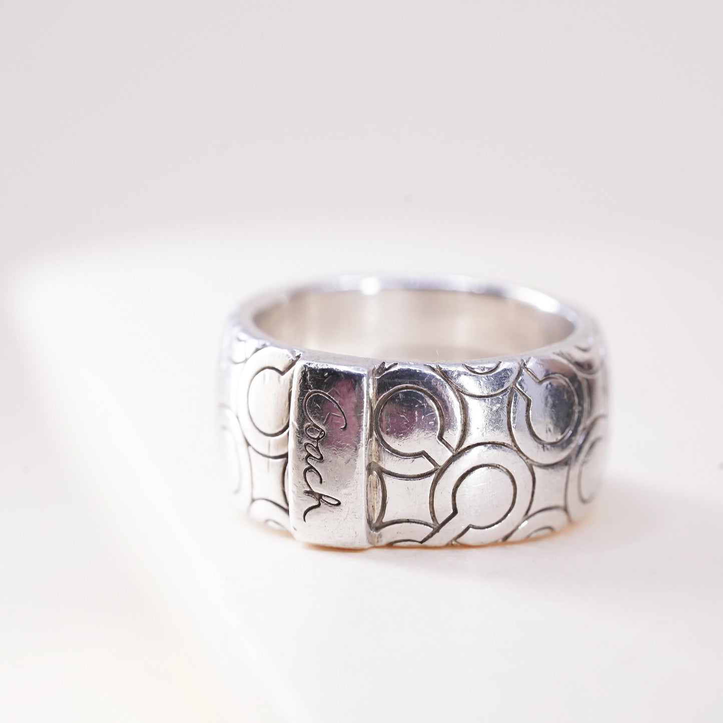 Size 5.5, Vintage Coach logo sterling silver ring, 925 wide band