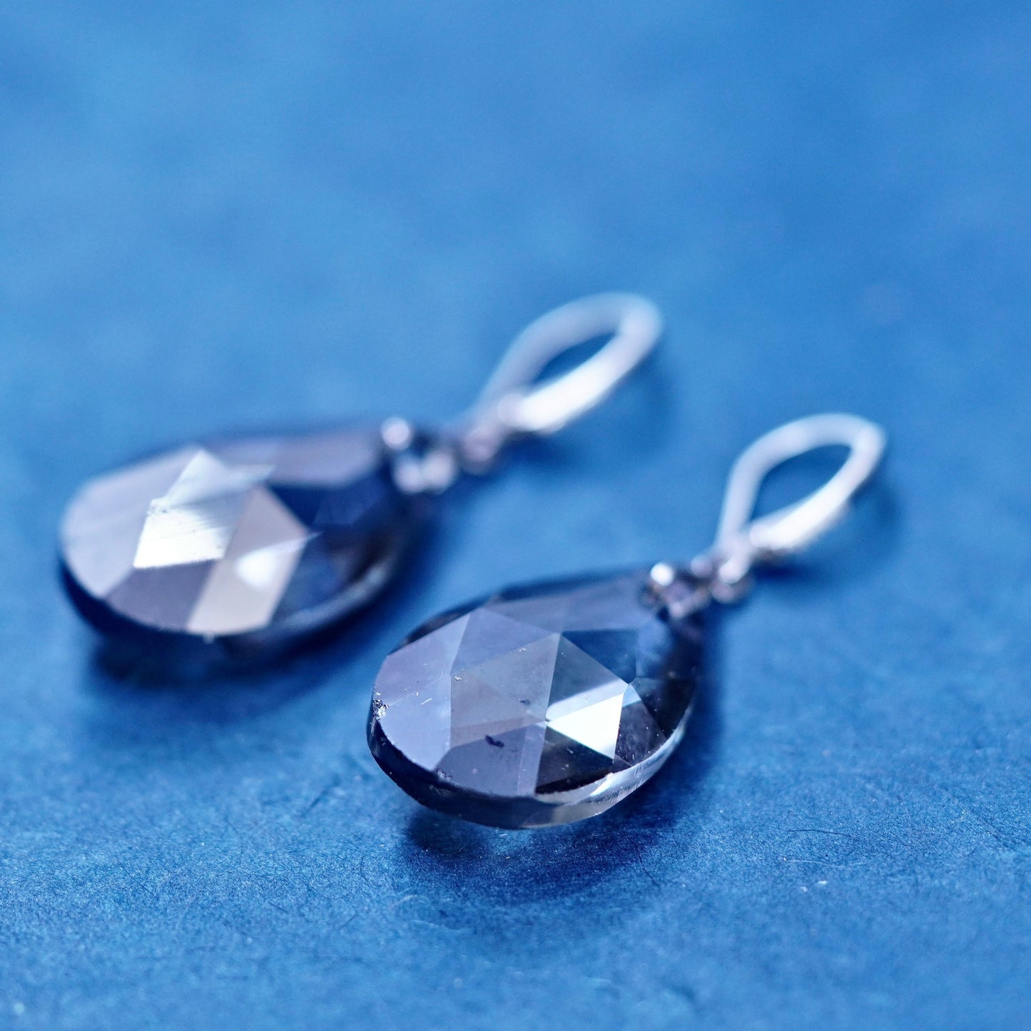 Vintage sterling 925 silver handmade teardrop smoky crystal earrings