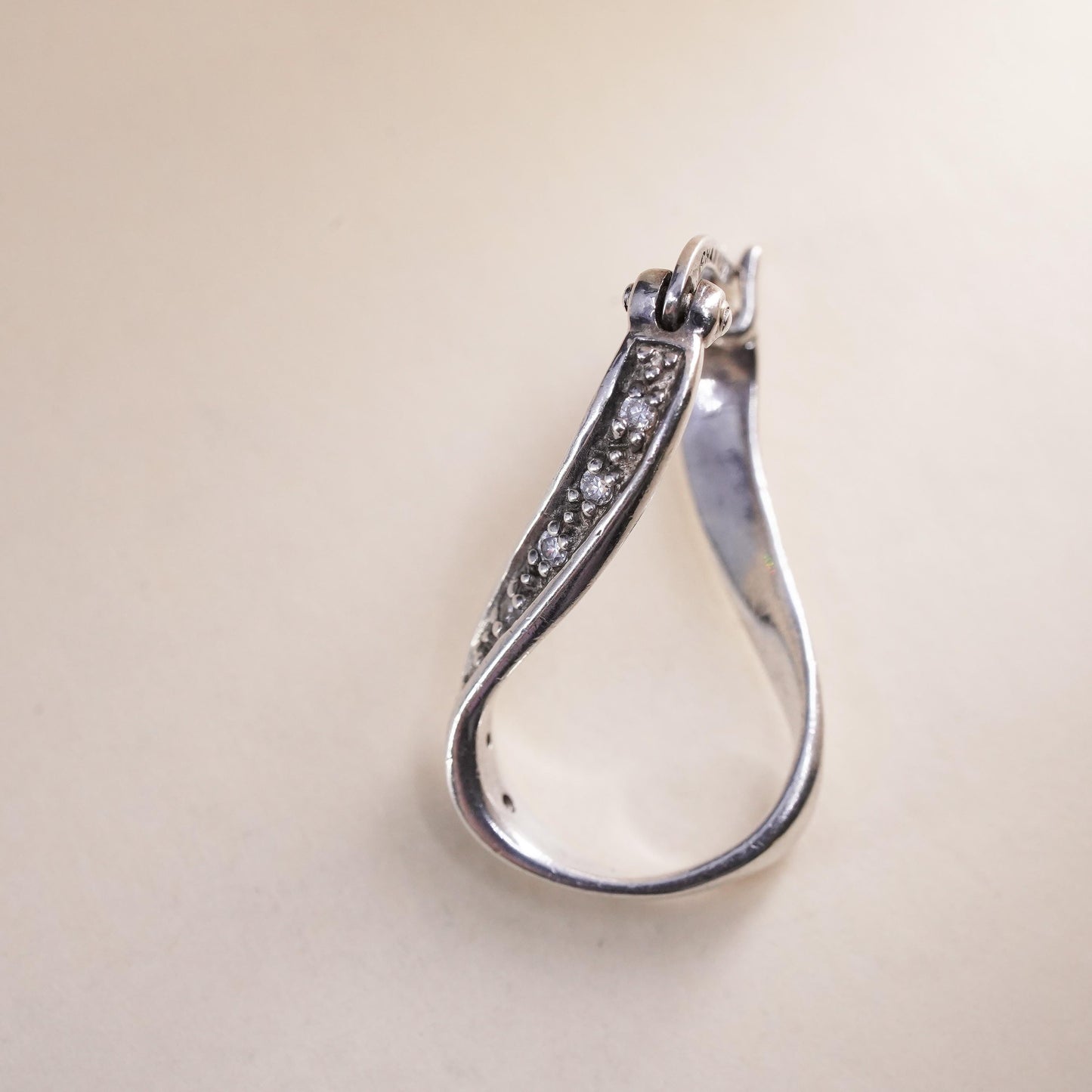 1”, Cham sterling silver single earring, 925 twisted huggie hoop with clear Cz