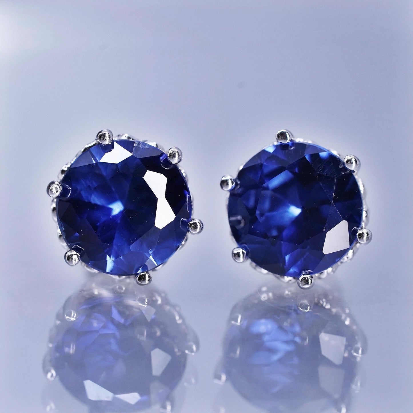 Vintage Sterling 925 silver handmade earrings, studs with sapphire cz