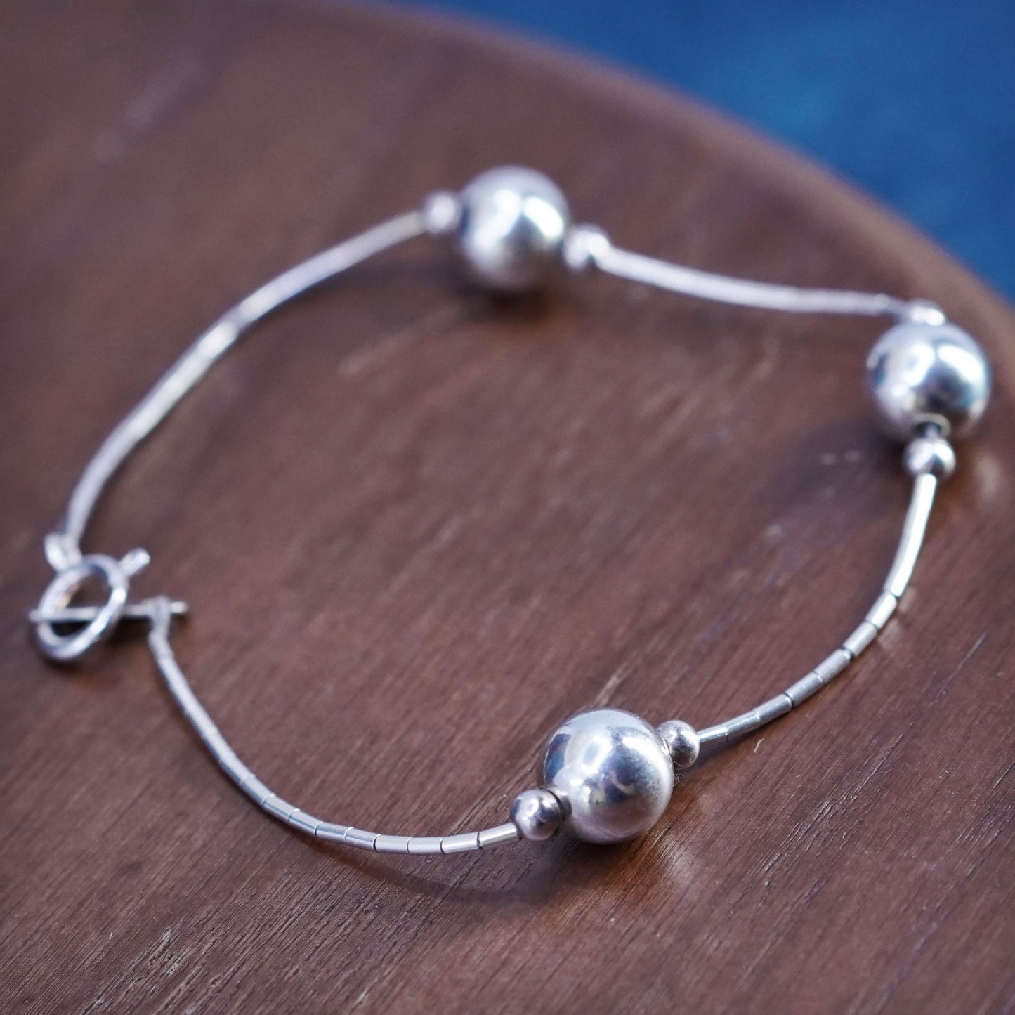 6.75”, vintage sterling handmade bracelet, 925 liquid silver chain with beads