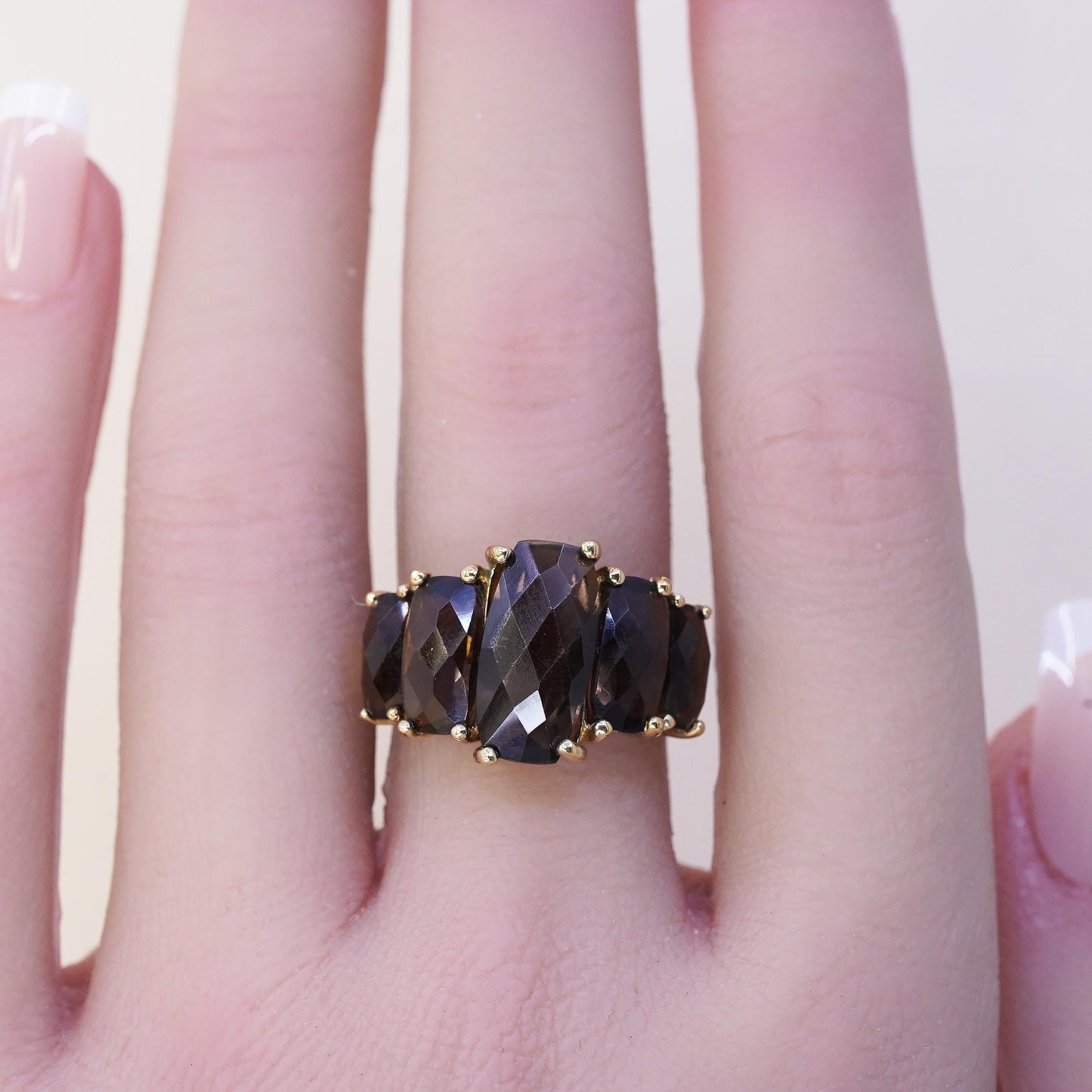 Size 6.25, Gold Plated 925 Sterling Silver Smoky Quartz Ring Cocktail Ring