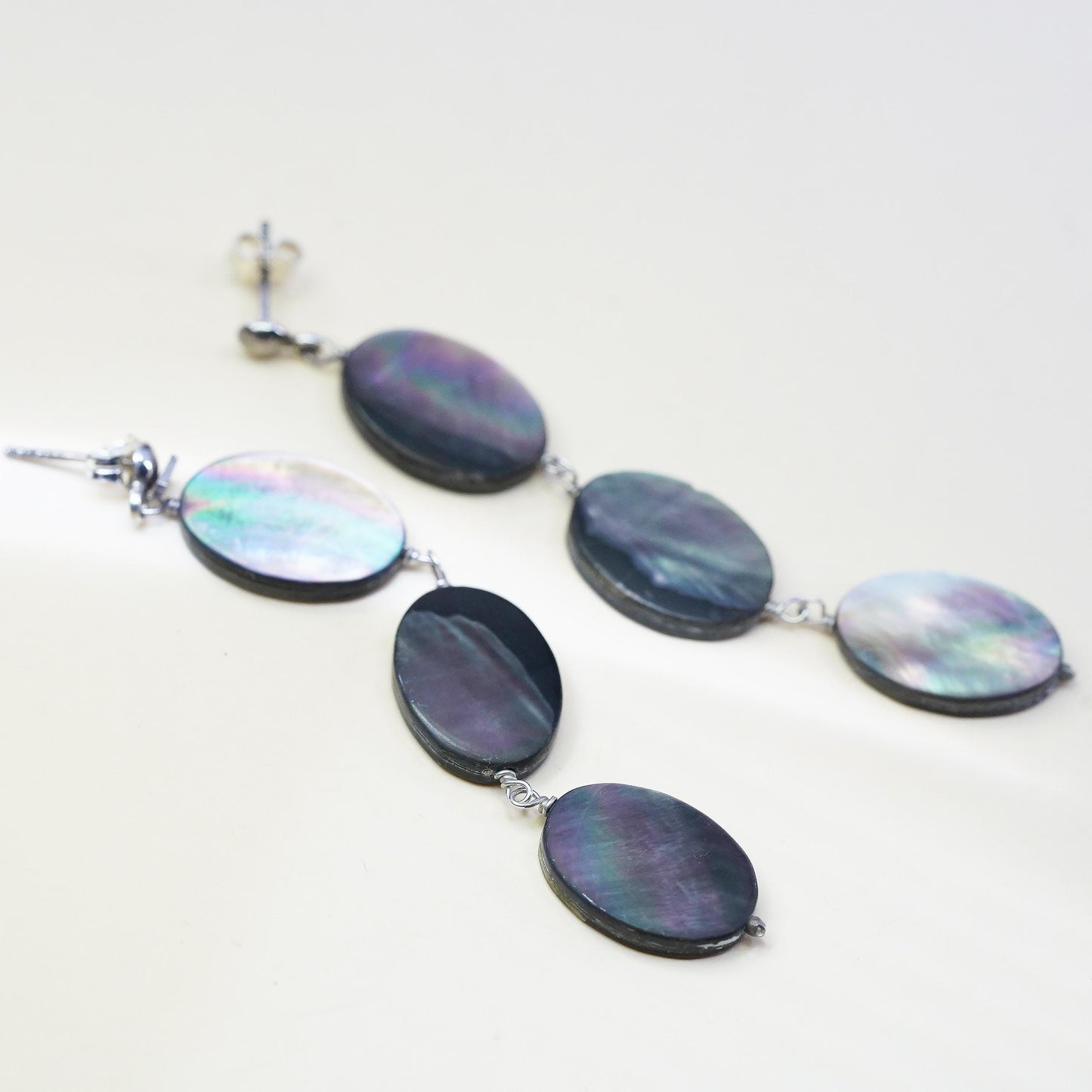 Vintage sterling 925 silver handmade long earrings with oval abalone dangles