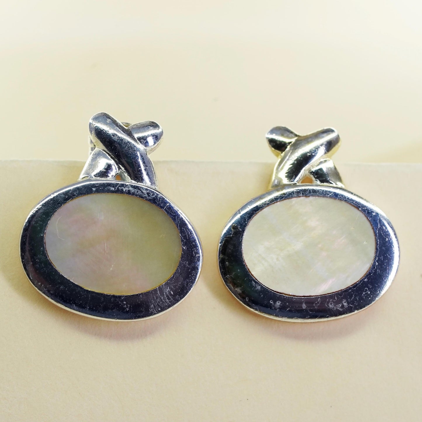 Vintage sterling silver earrings, 925 modern oval studs with mother of pearl