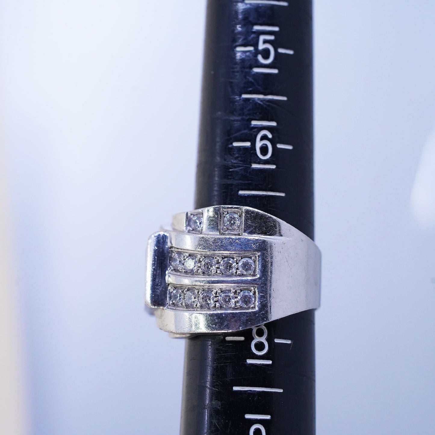 Size 7, Michael Valitutti “NH” 925 Sterling Silver CZ Ring, Wide Ribbed Ring