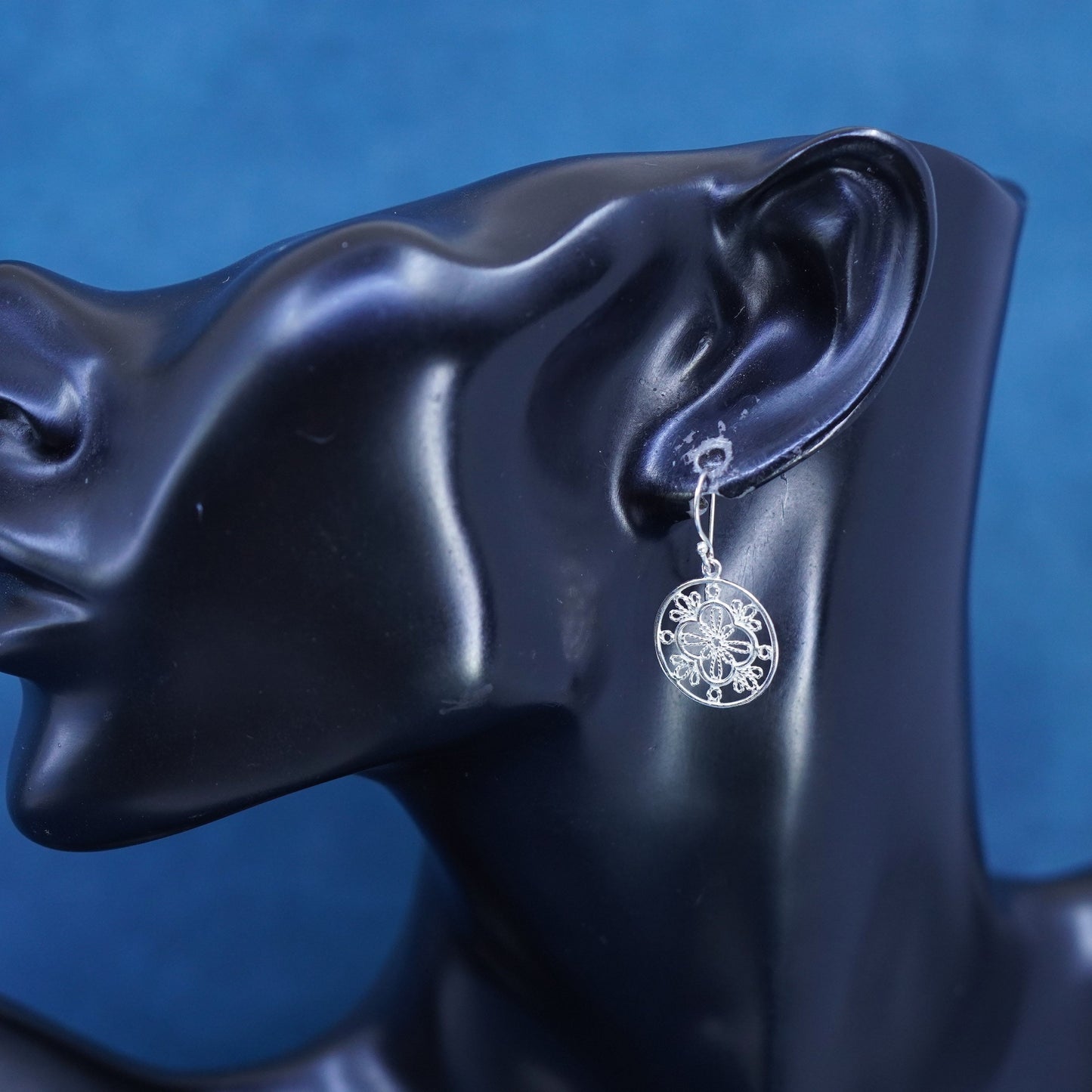 Vintage sterling silver handmade earrings, 925 filigree circle drop