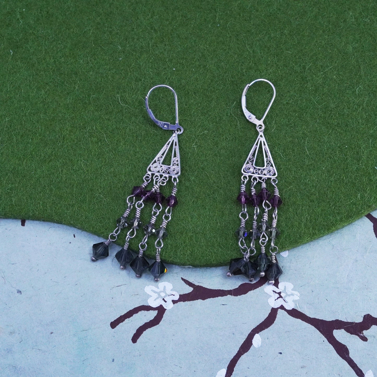 Sterling silver handmade huge earrings, 925 filigree swirly dangles c crystal