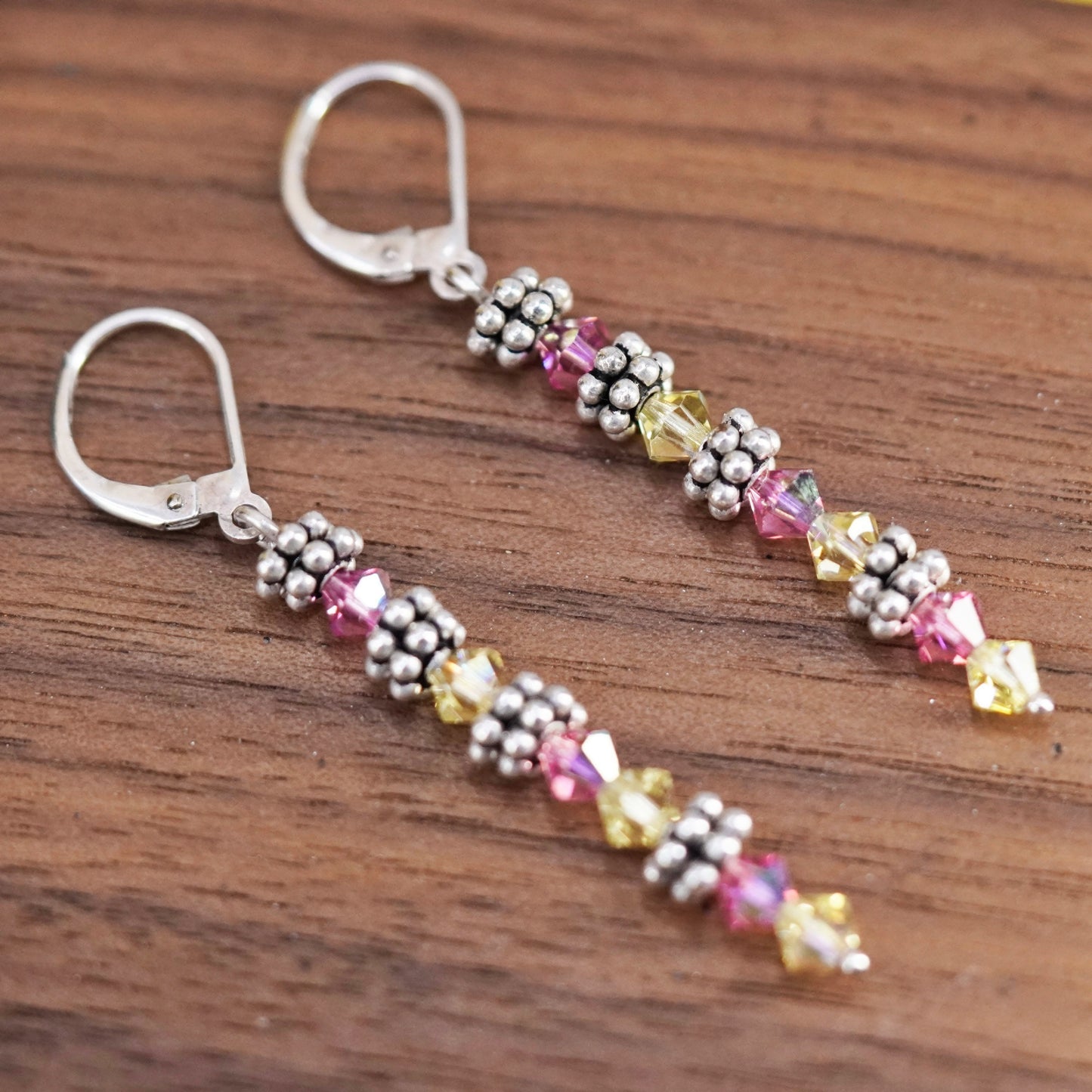 Vintage Sterling silver 925 handmade earrings with pink yellow crystal