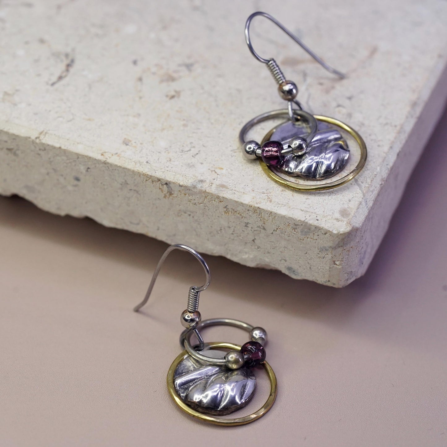 Vintage Two Tone Sterling silver handmade earrings, 925 disc w/ beads and brass
