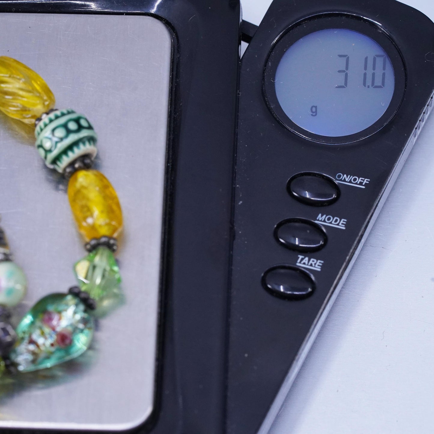 16+2", Sterling Silver 925 necklace green yellow artisan glass beads and Morgan
