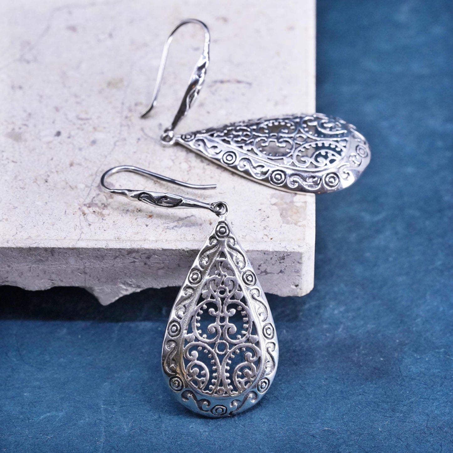 Vintage Sterling silver handmade earrings, 925 filigree teardrops