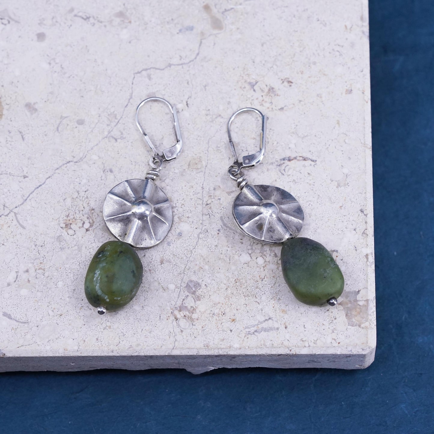 Vintage Sterling silver handmade earrings, 925 sun dangles green jade nuggets