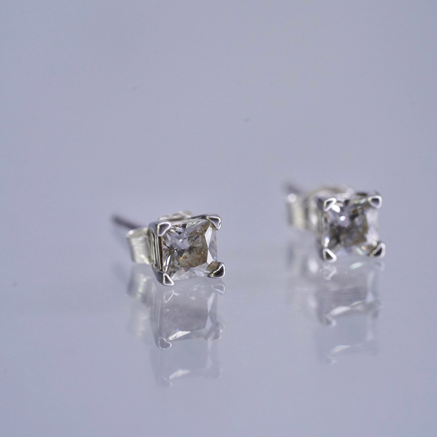 4mm, Vintage Sterling 925 silver handmade earrings, square cz studs