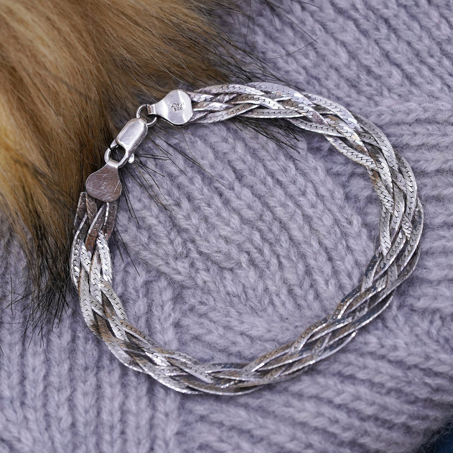 7", 8mm, vintage Sterling silver bracelet, textured 925 herringbone woven chain