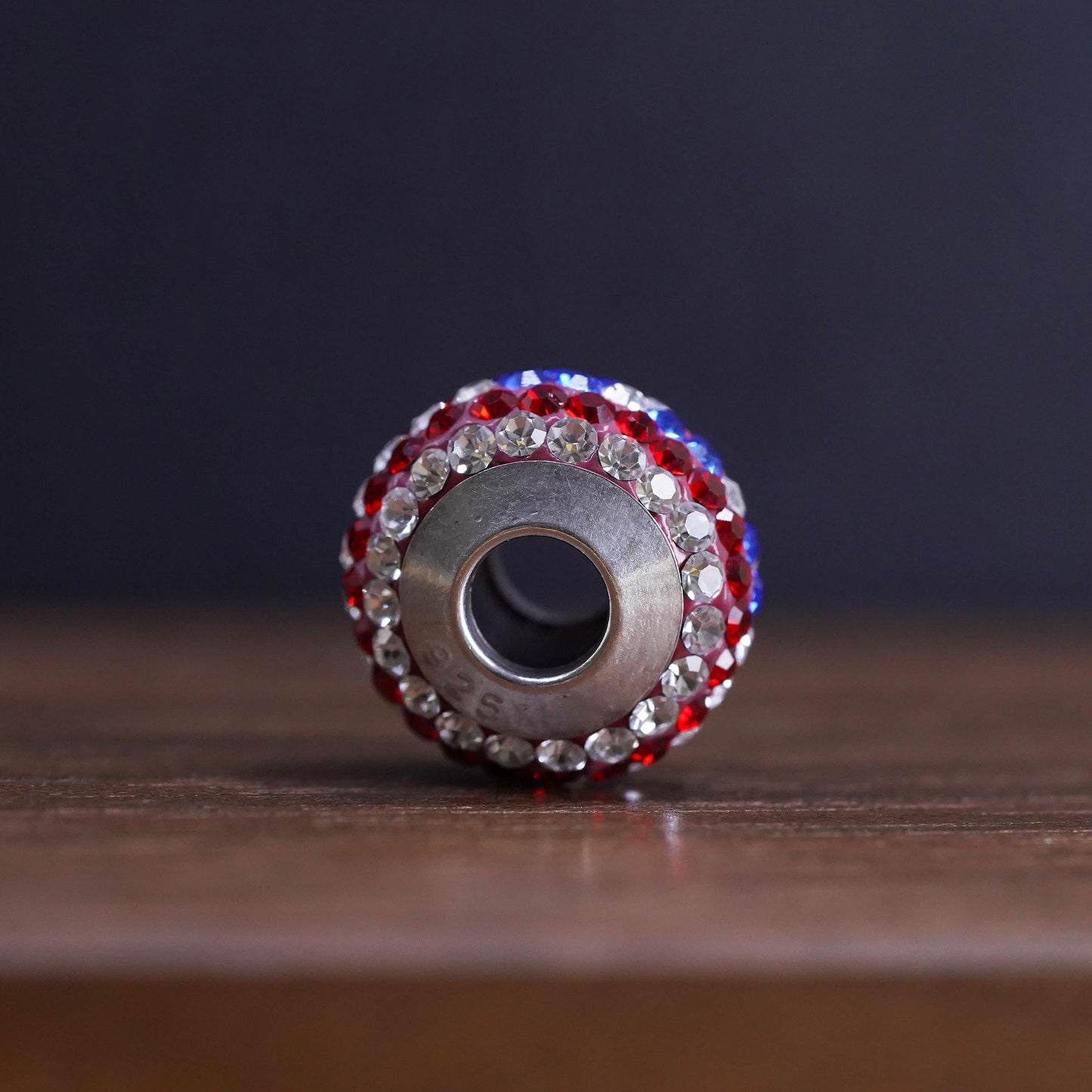 Vintage Sterling 925 silver handmade American flag bead charm with cluster cz