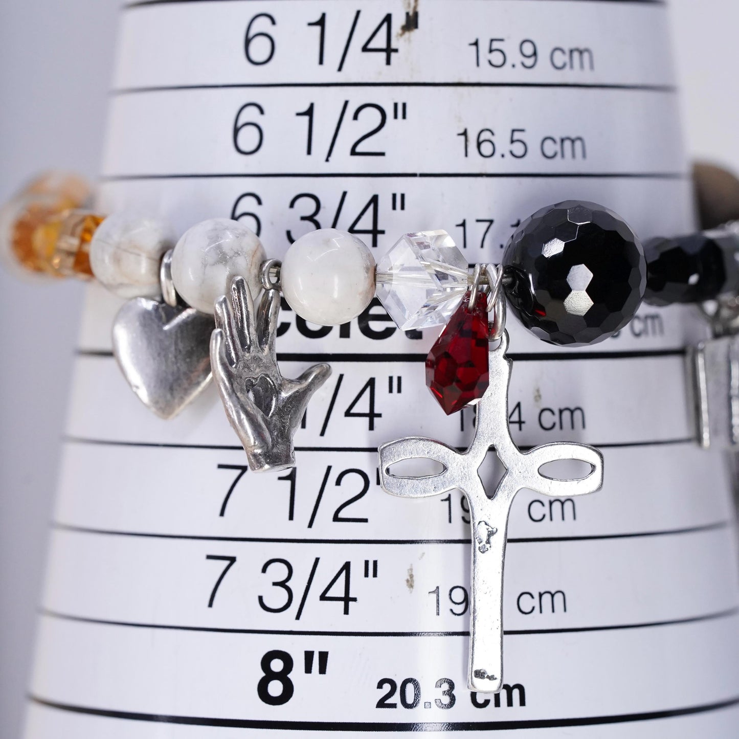 7", stretchy bracelet wood howlite beads prayer cross fish heart bible charms