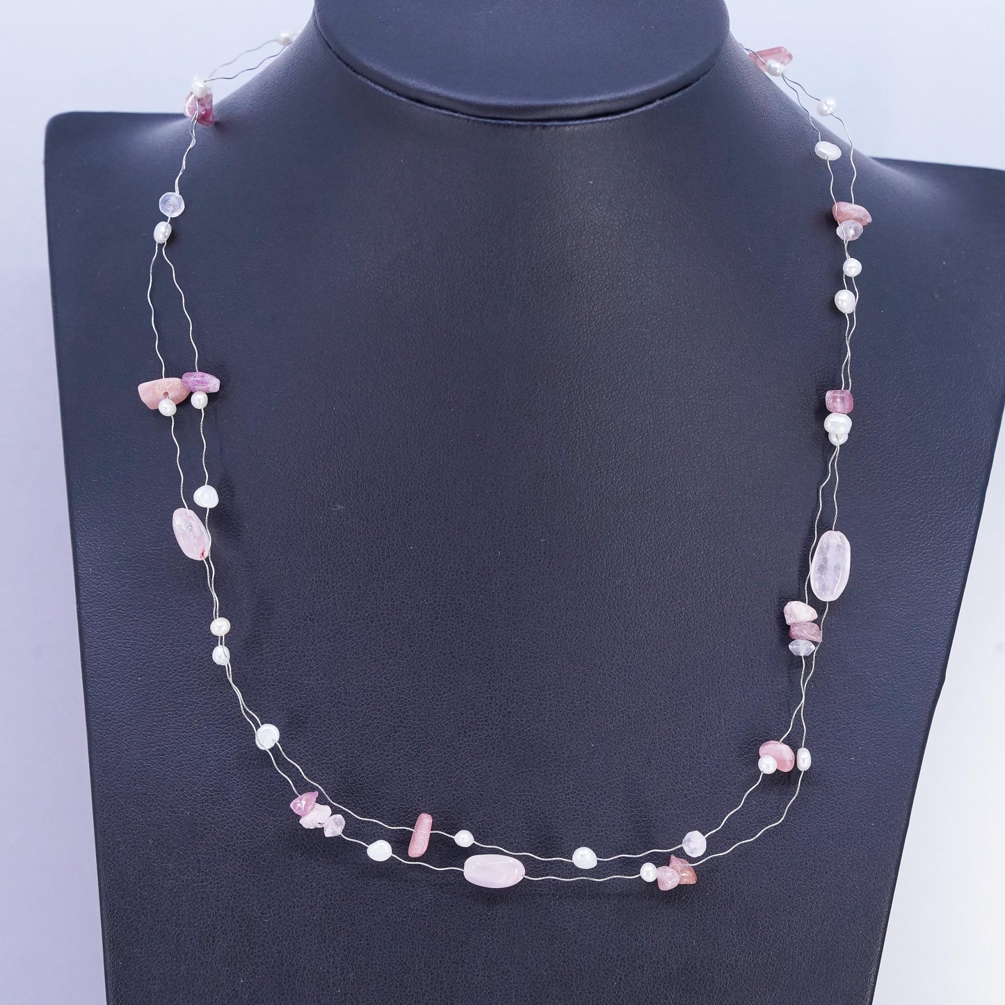 18” double strands necklace 925 sterling Silver clasp Rose Quartz Pearl beads