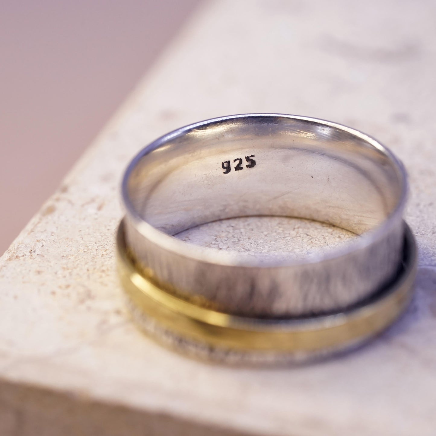 Size 10.25, two tone sterling silver band brass cable textured 925 spinner ring