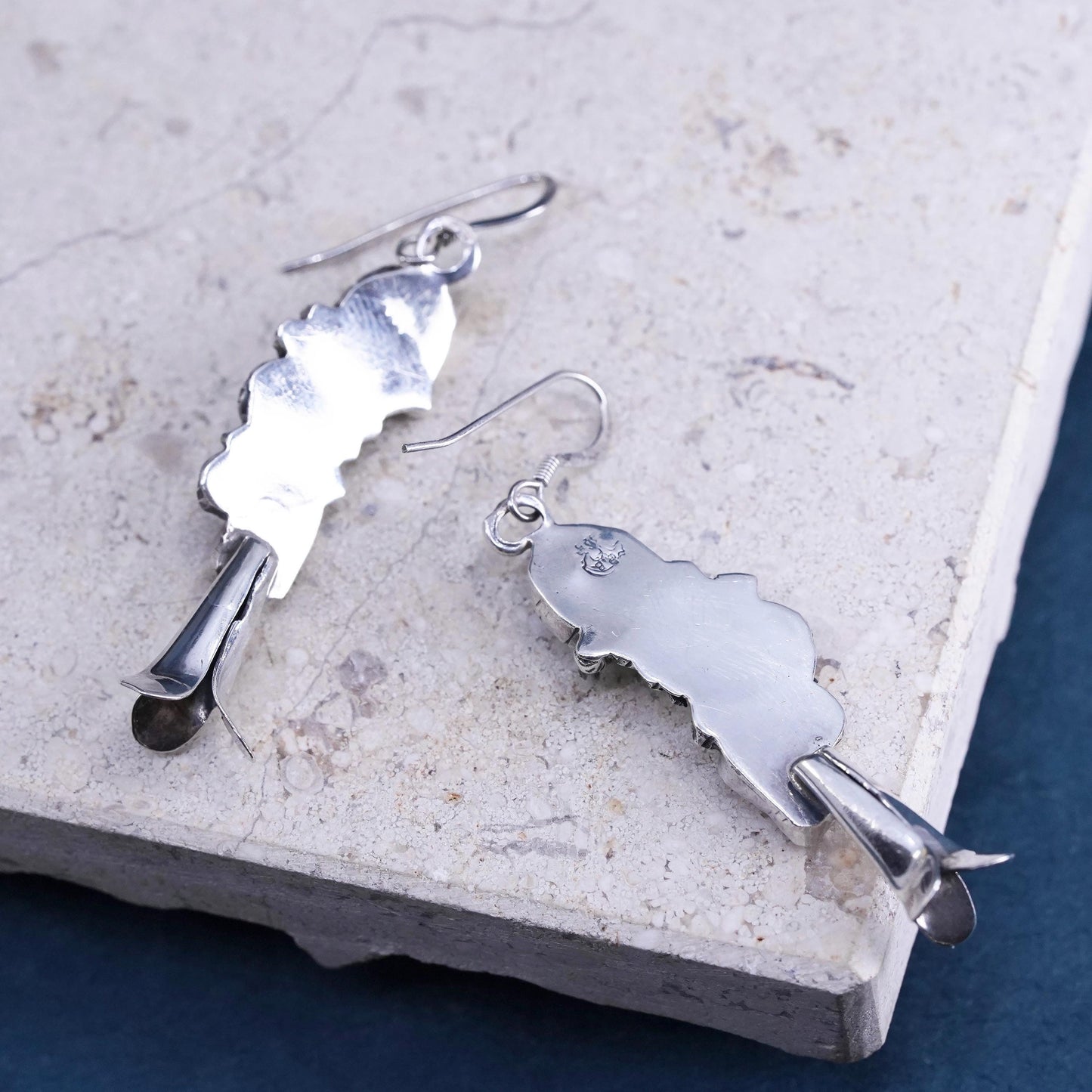 Native American Navajo sterling silver earrings, 925 feather turquoise coral