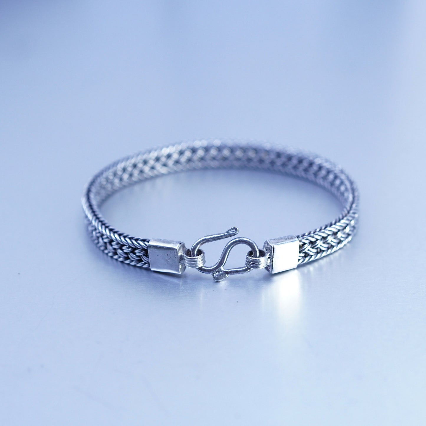 7.25”, vintage sterling 925 silver handmade bracelet, braided woven wheat chain