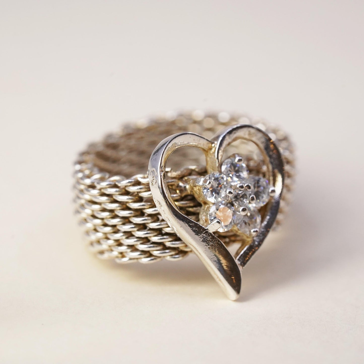 Size 8.25, Vintage sterling silver mesh chain ring, 925 band with heart and cz