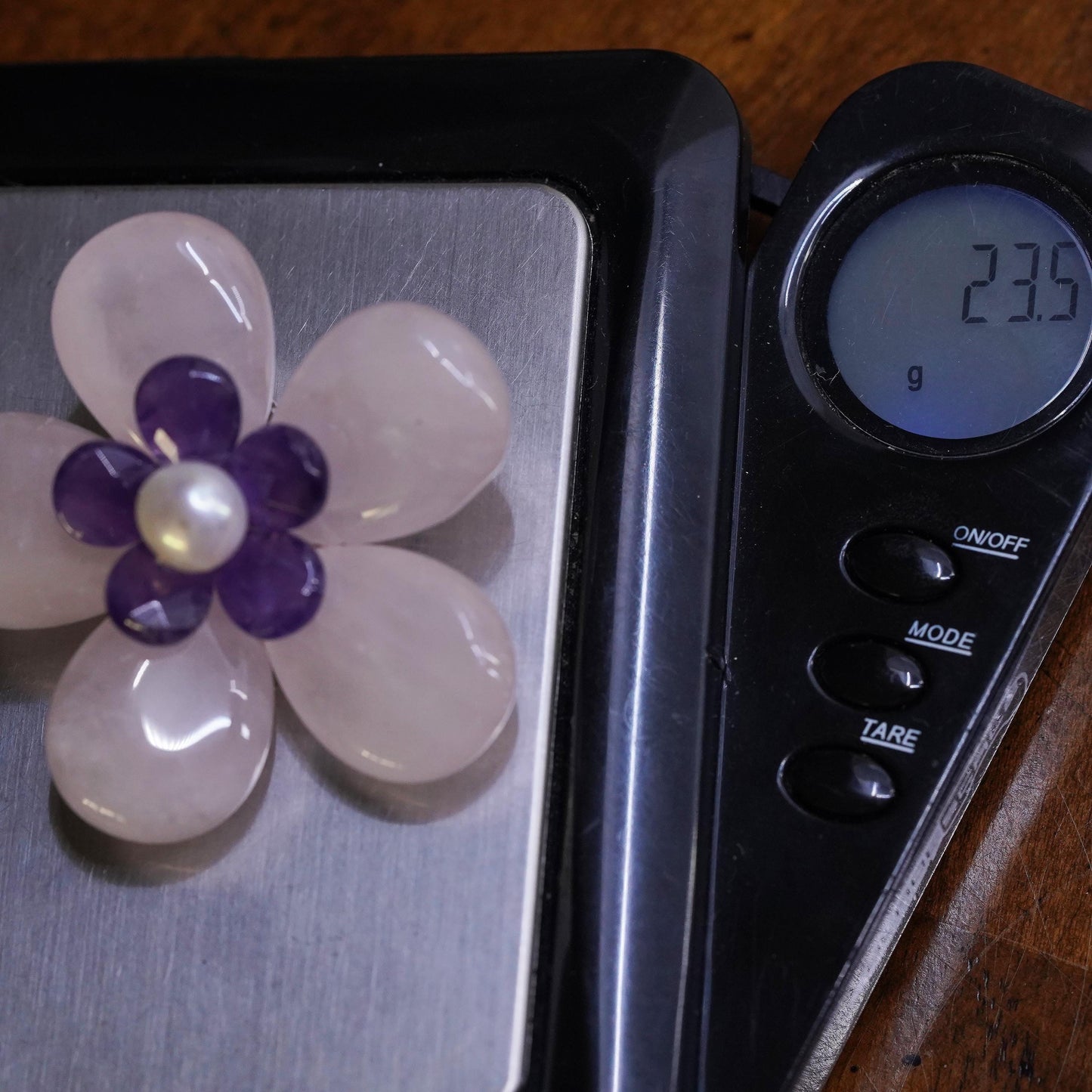 Vintage sterling silver brooch, 925 flower pin with amethyst pink rose quartz