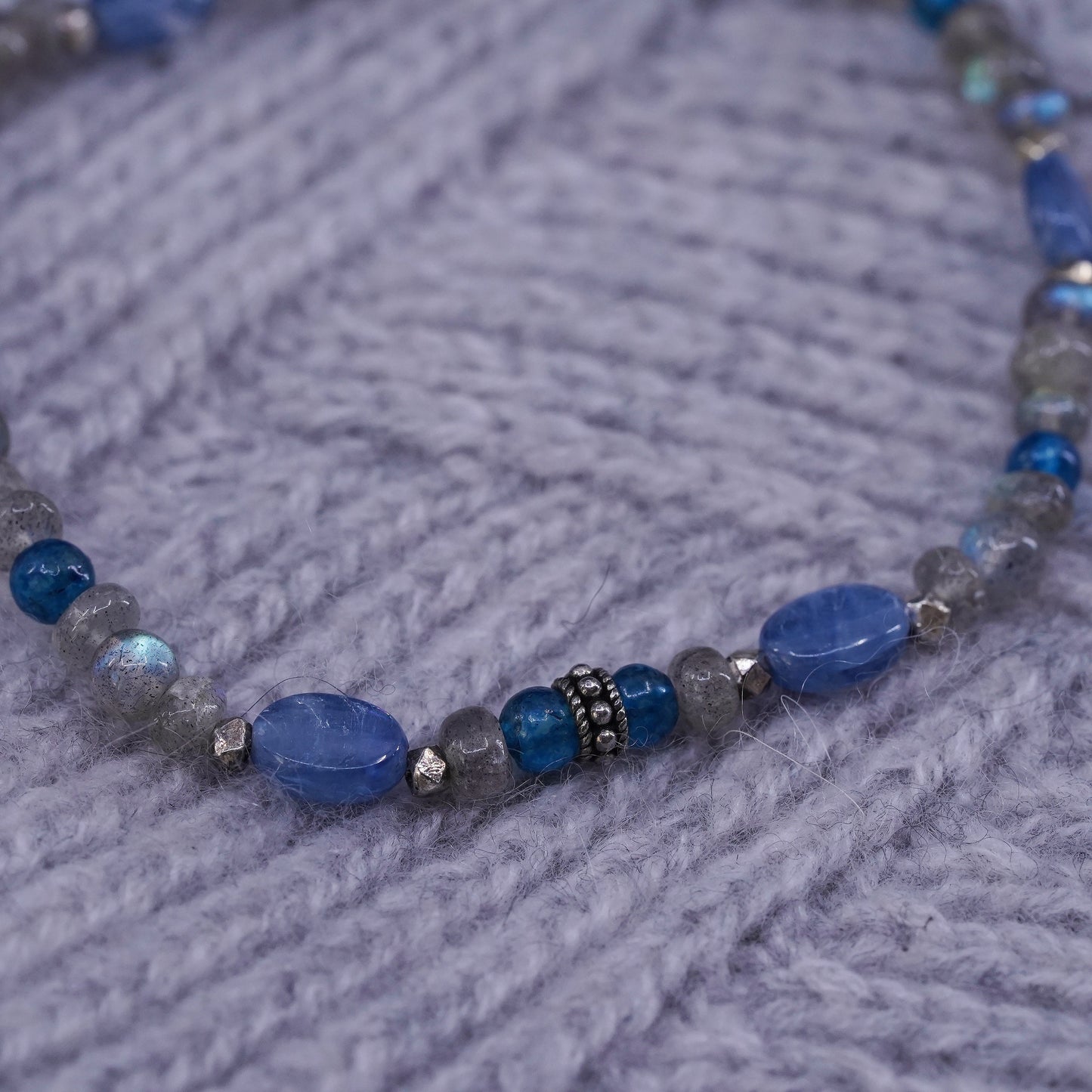7.75”, sterling silver bracelet with blue Swarovski crystal moonstone beads