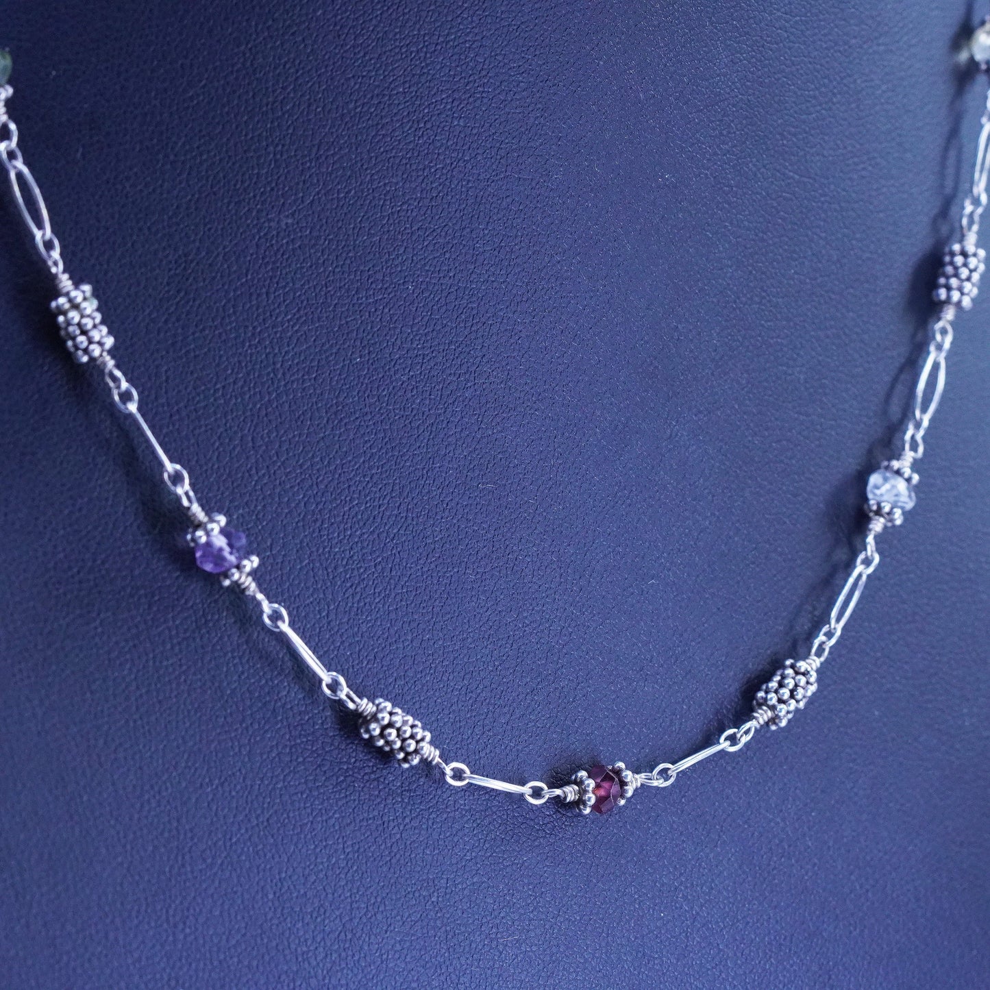 17", Classic Rocks Sterling 925 silver bead necklace w/ peridot amethyst beads
