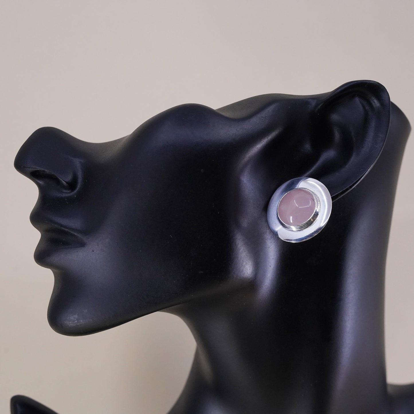 Vintage Sterling silver earrings, 925 circle studs with oval pink quartz stone