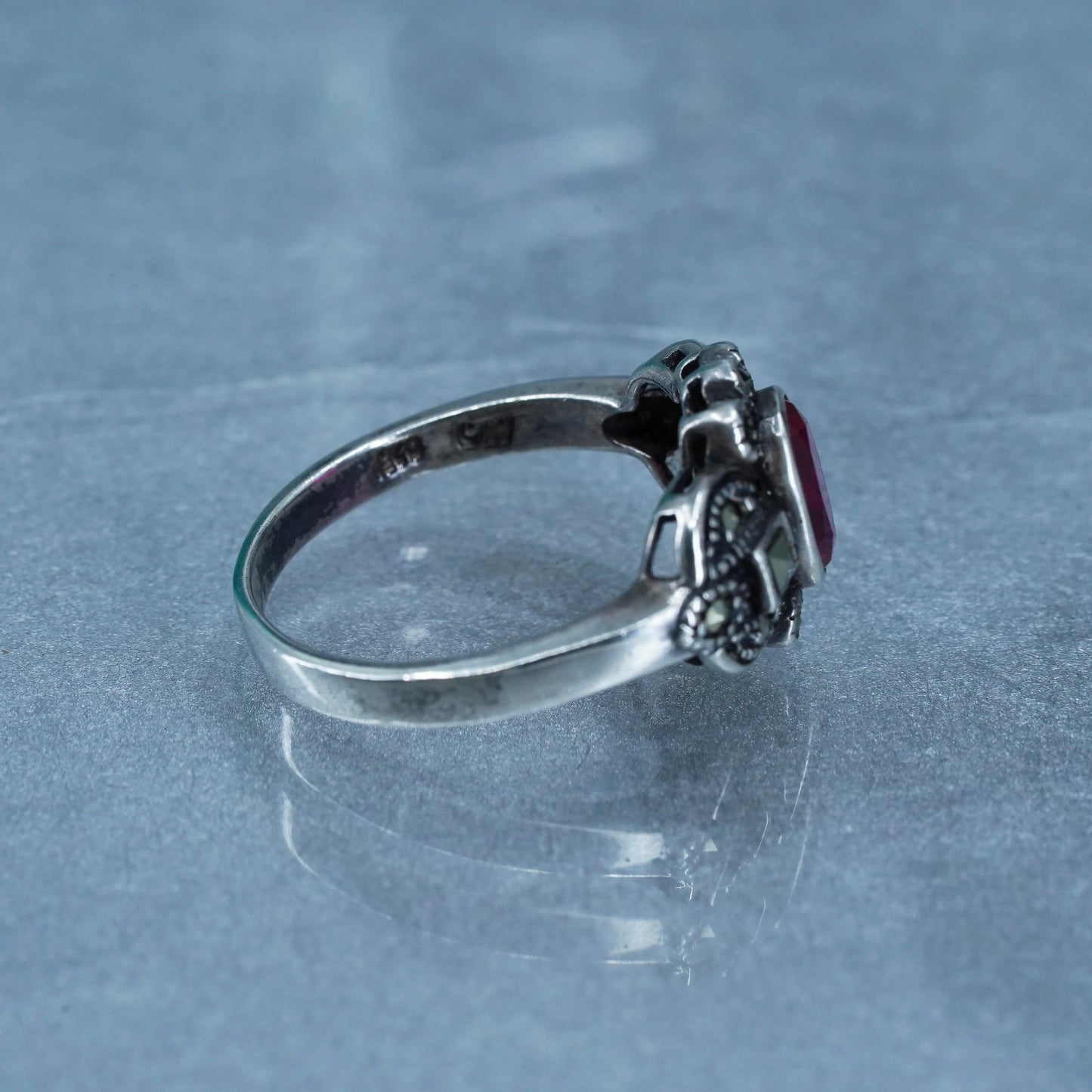 Size 9.5, Sterling 925 silver handmade statement ring with ruby and marcasite