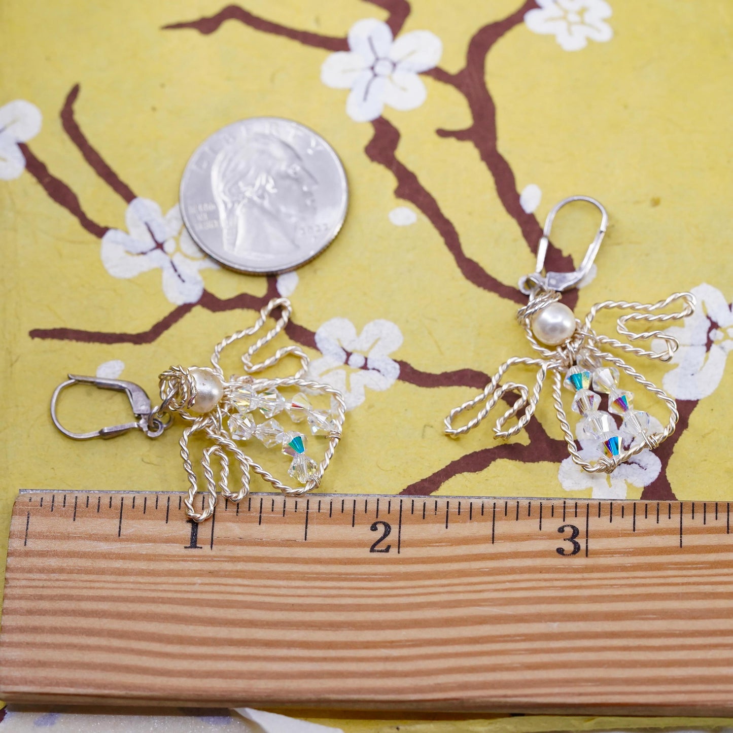 Vintage Sterling 925 silver handmade wired cable Angel earrings pearl crystal