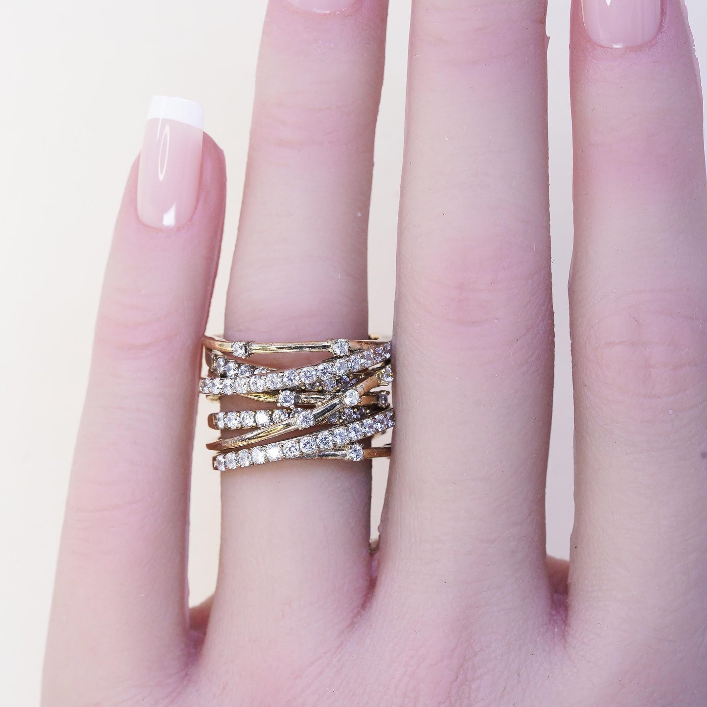 Size 6, VTG gold vermeil Sterling 925 silver entwined wide ring cluster Cz