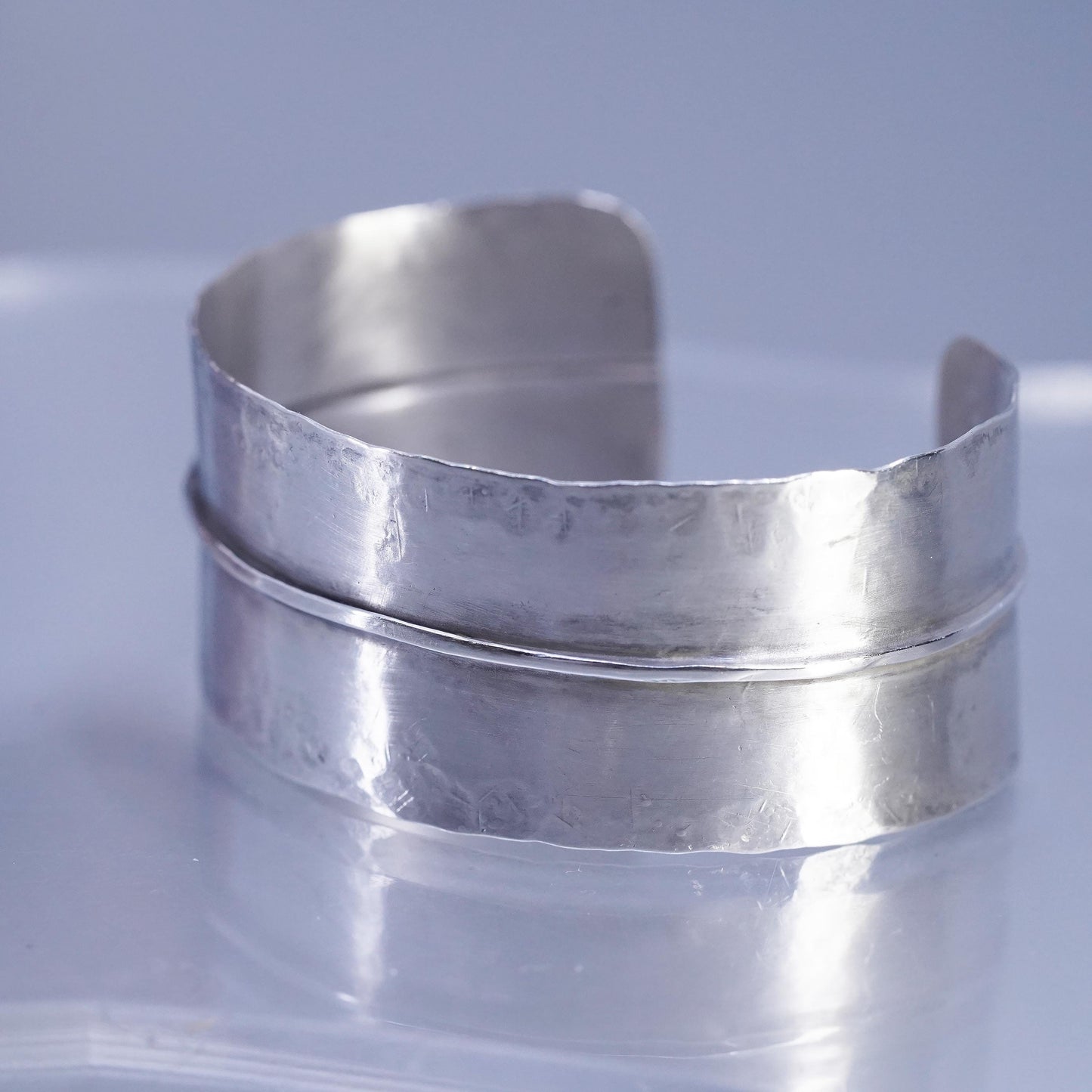 6”, VTG Mexican Sterling 925 silver handmade matte bracelet, wide ribbed cuff