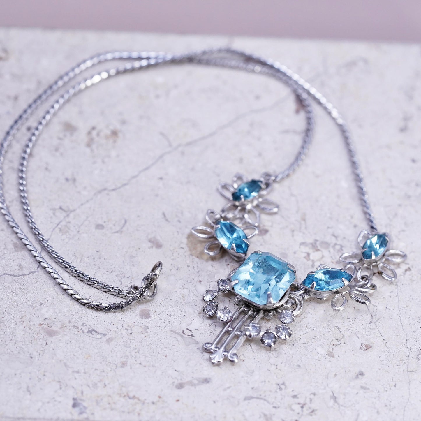 16", vintage white gold GF necklace with blue Rhinestone