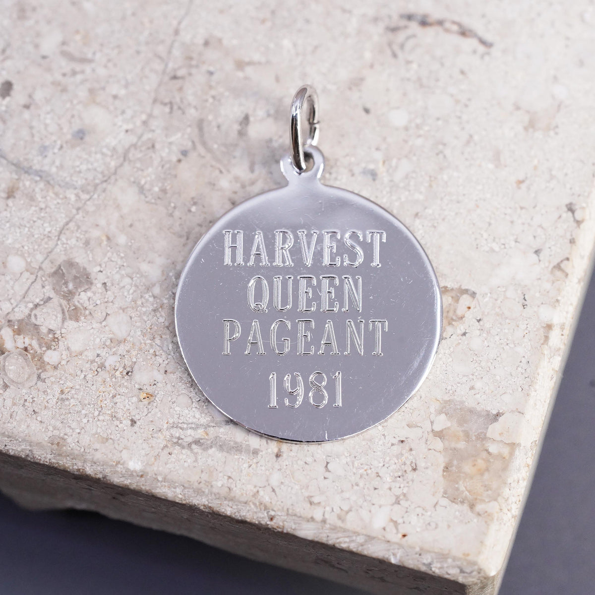 sterling silver pendant, 925 tag charm engraved Harvest Queen Pageant 1981
