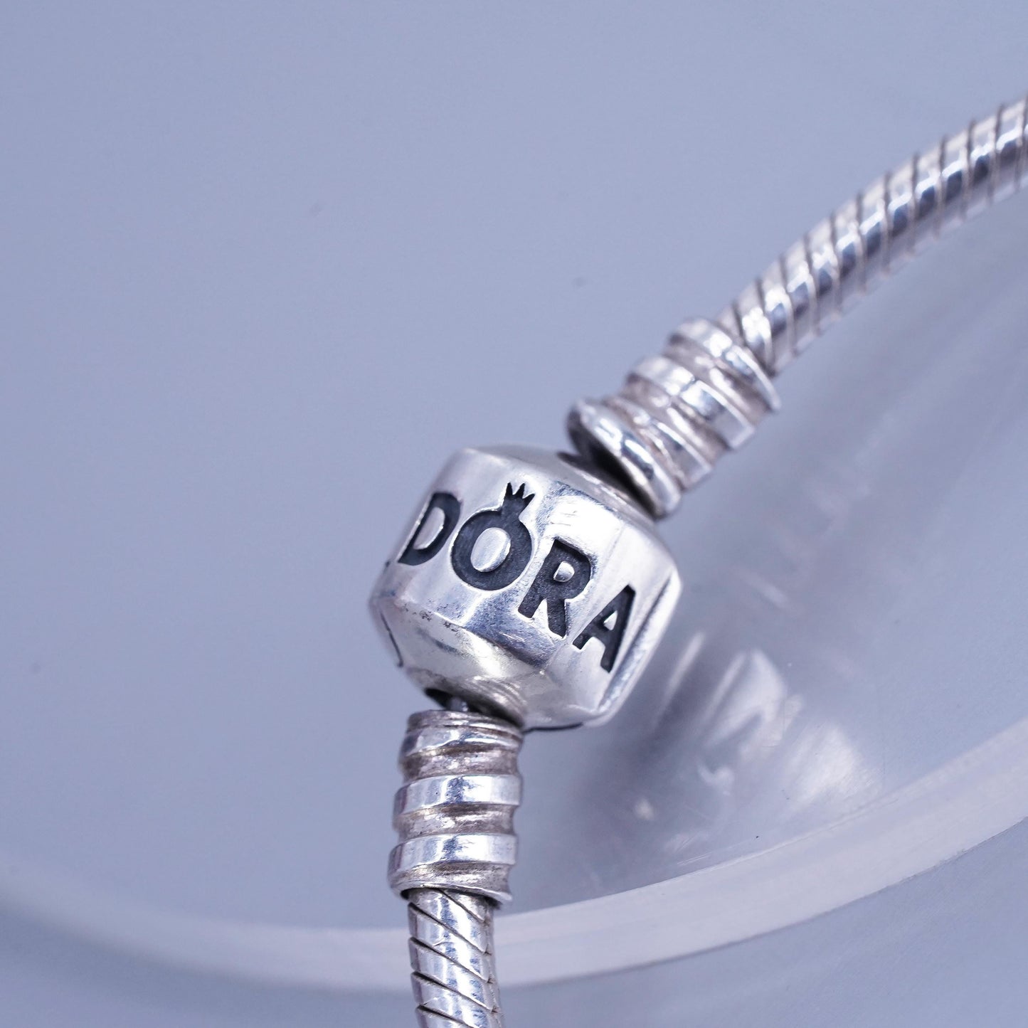 6.75”, Pandora Sterling 925 silver bracelet, bold snake link chain bead charm
