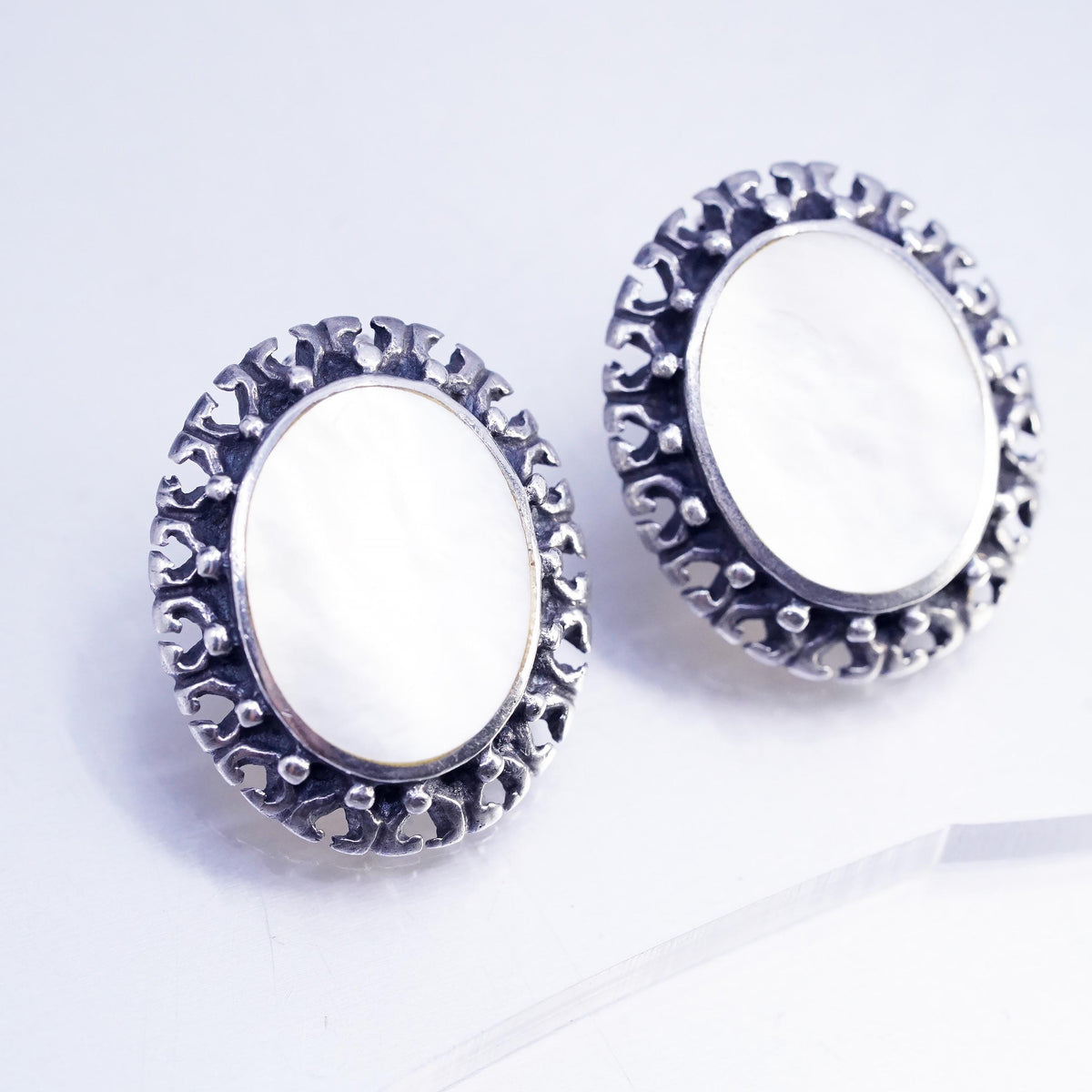 Vintage Sterling 925 silver earrings, oval beaded studs with mother of pearl
