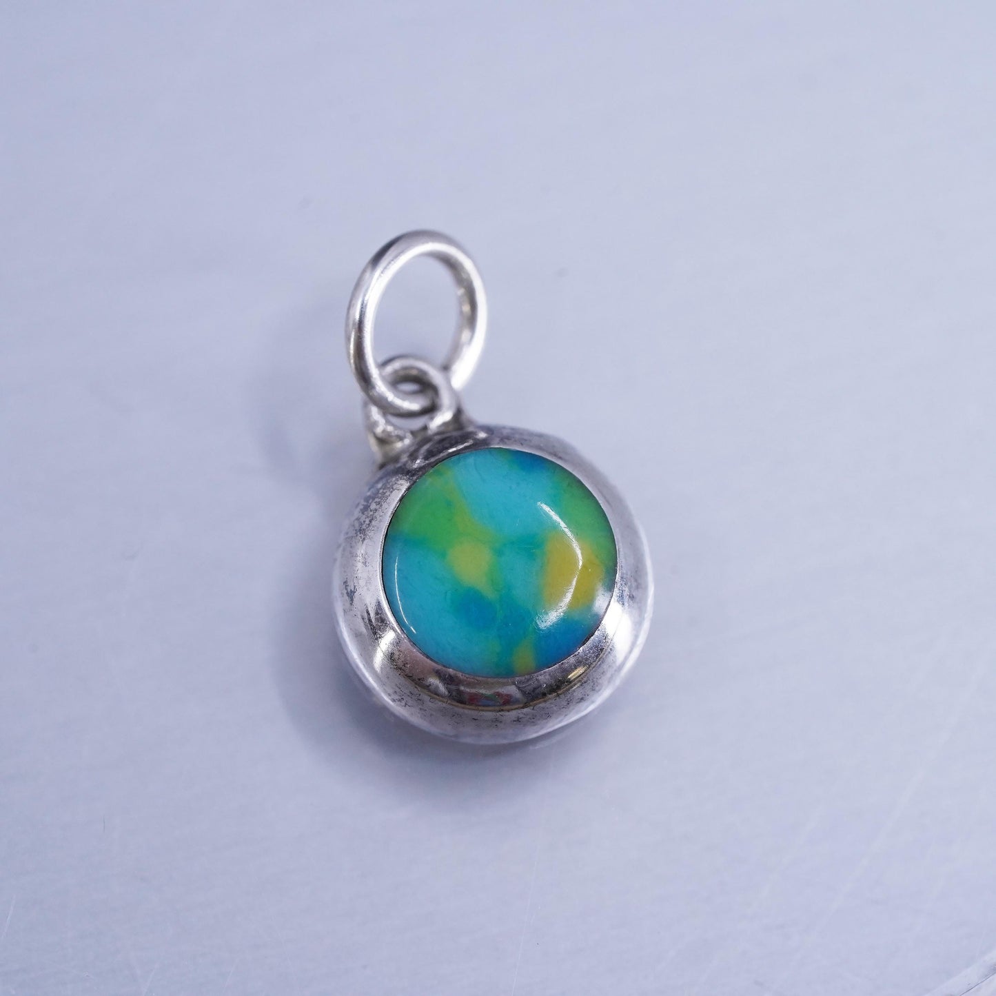 Vintage Sterling silver charm, 925 circle tag with calsilica inlay