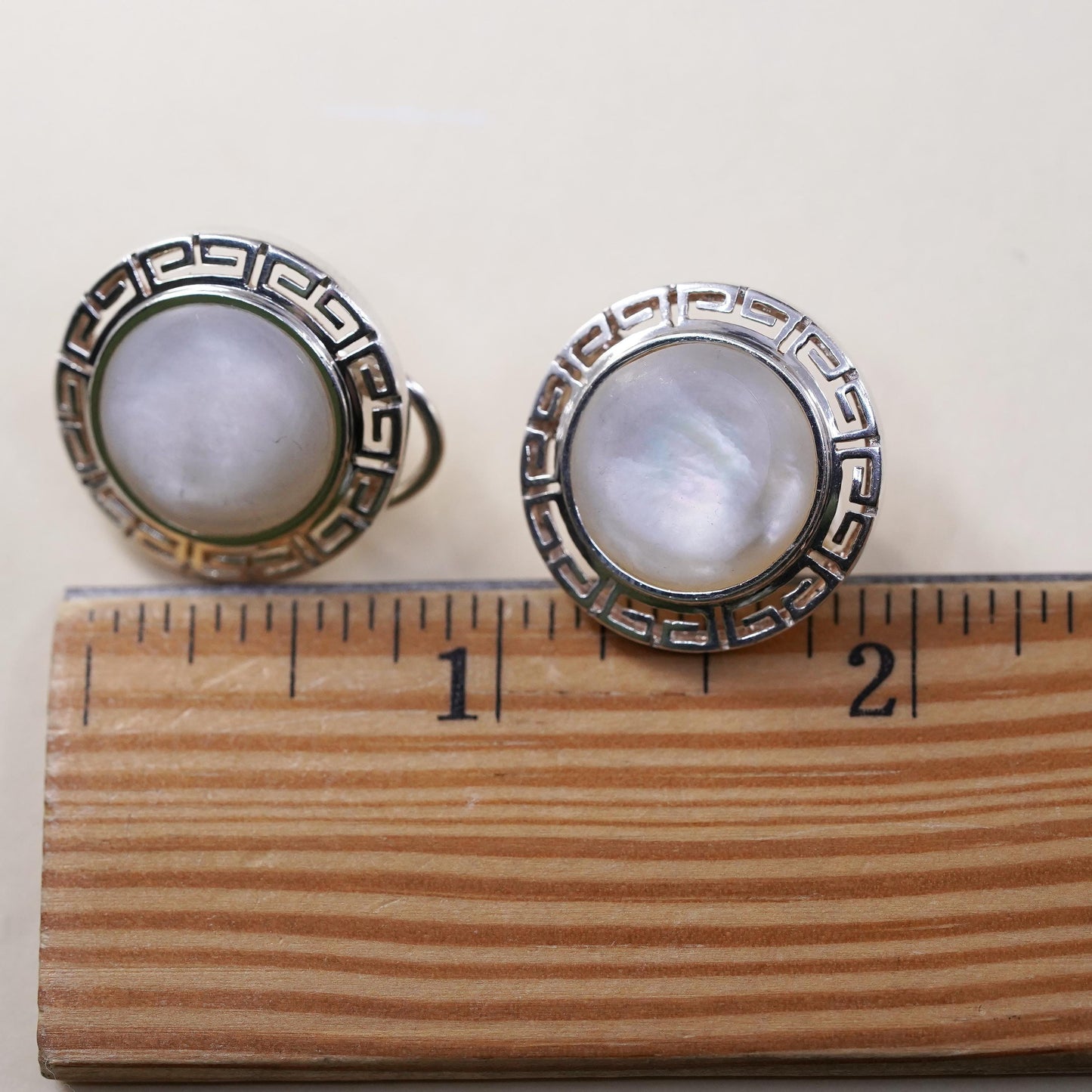 Vintage Sterling silver earrings, 925 Greek key studs w/ round mother of pearl