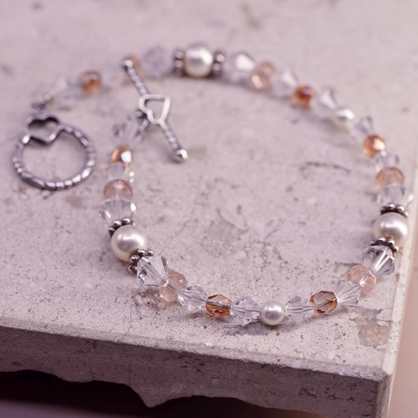 7", vintage sterling silver bracelet, 925 heart toggle closure w/ crystal beads