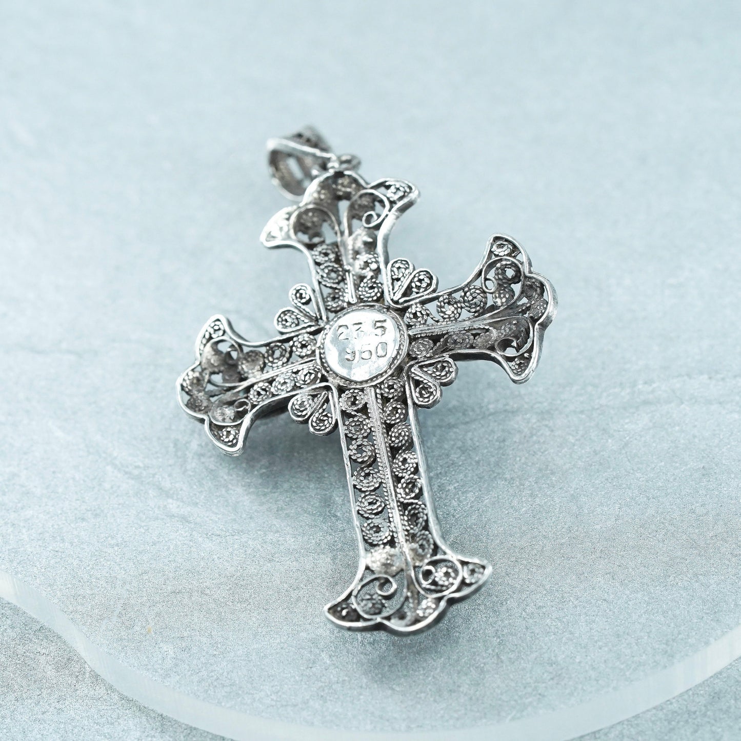Vintage sterling 925 silver handmade filigree cross pendant with blue enamel