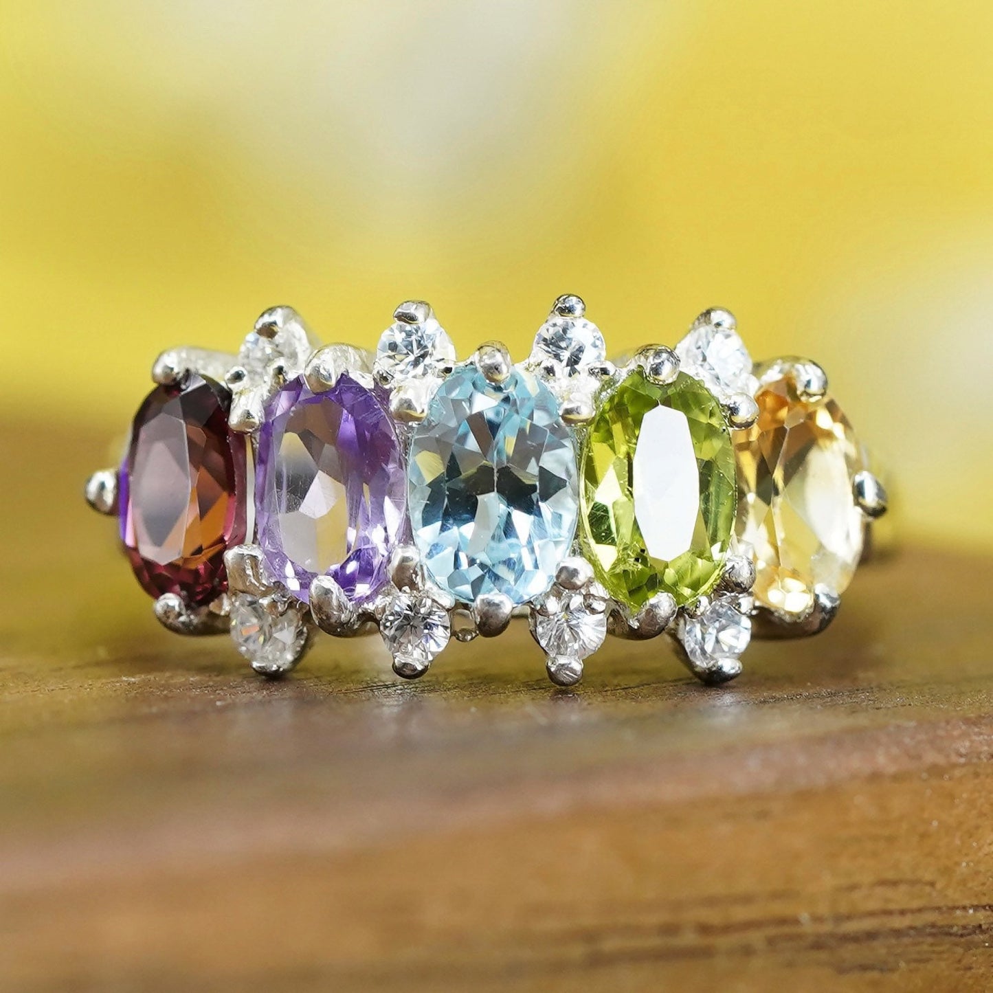Size 8, Sterling 925 silver ring with ruby, topaz, peridot, amethyst citrine